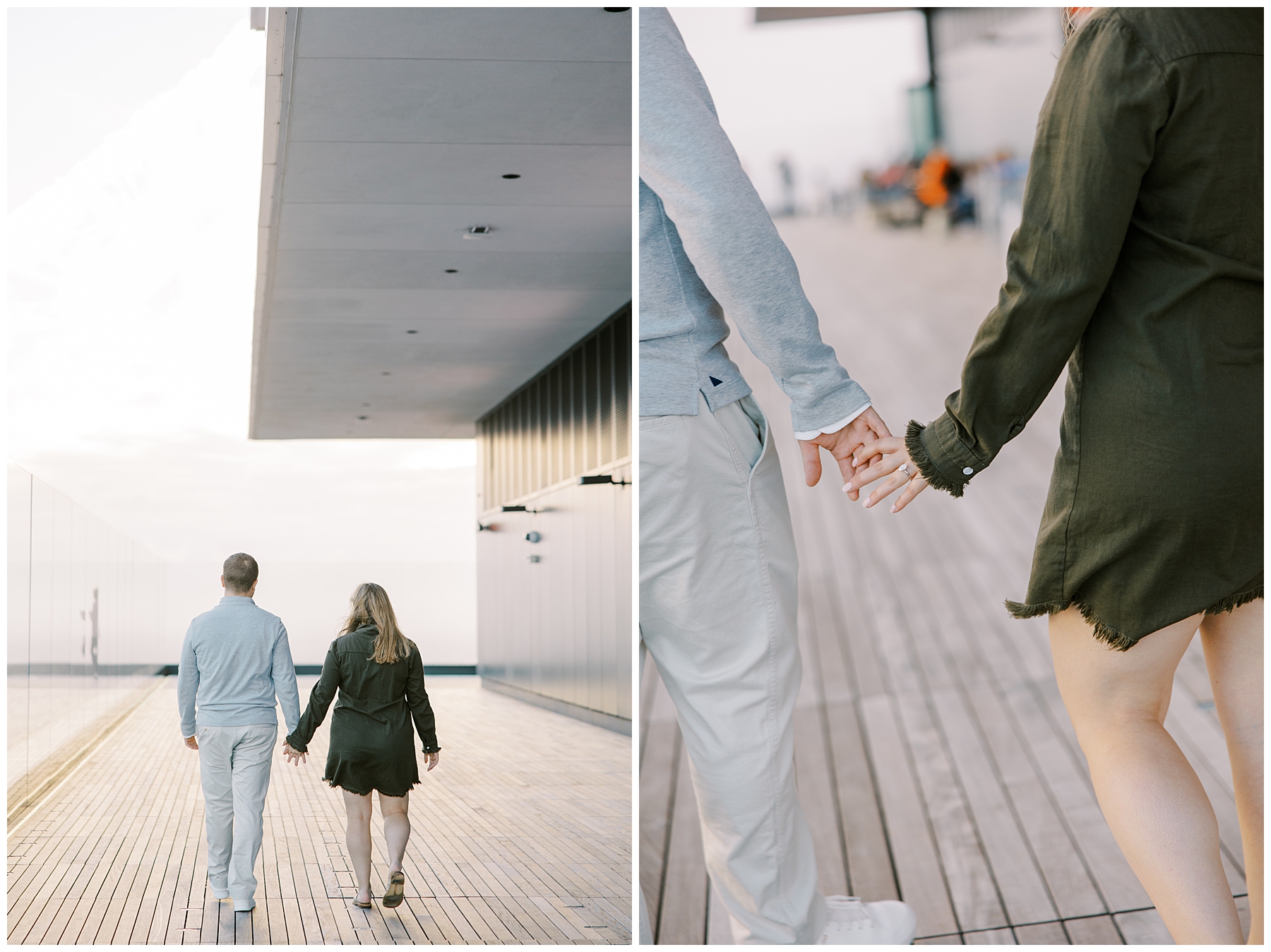 newly engaged couple hold hands on observation deck of View Boston