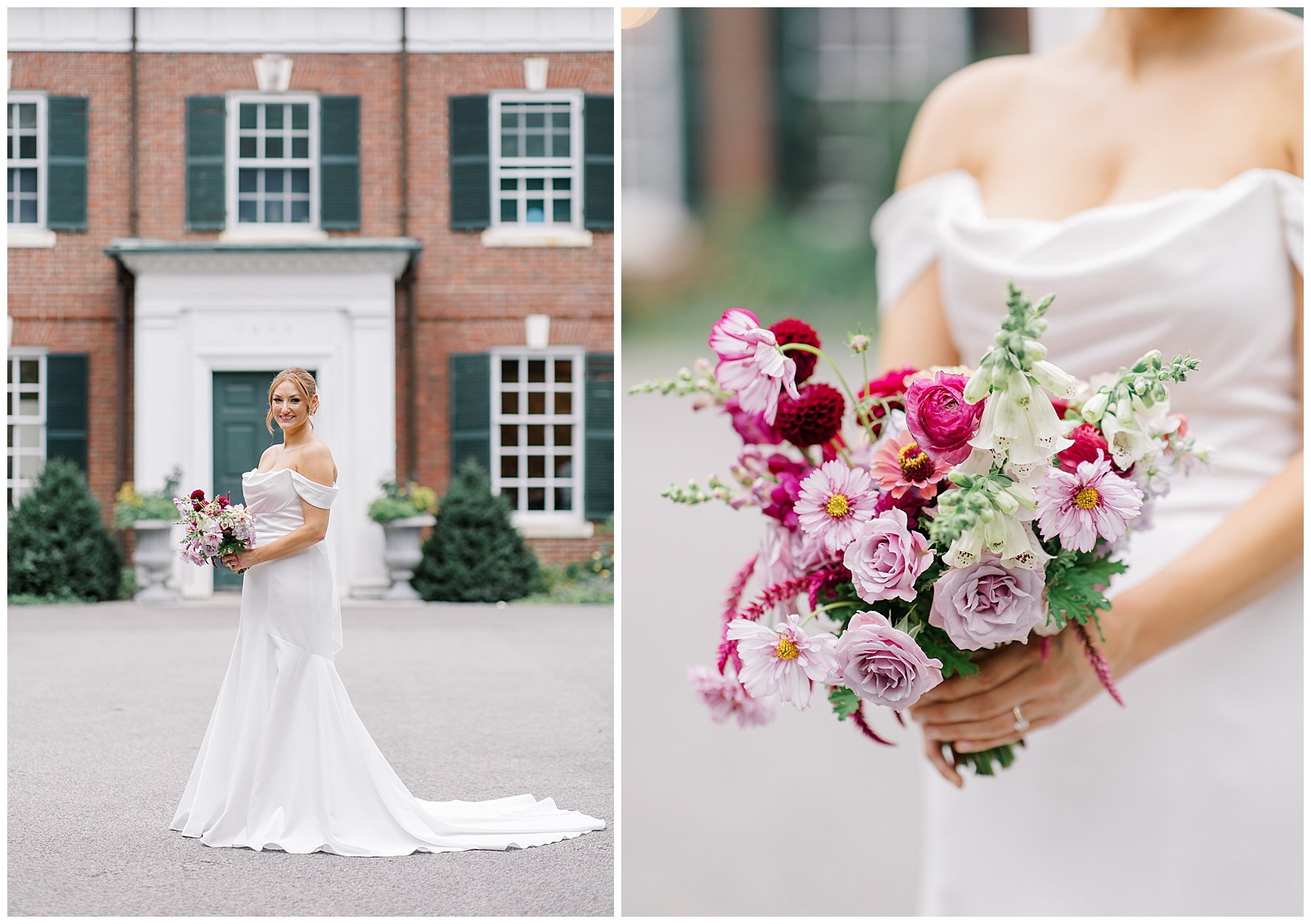bridal portraits with romantic wedding bouquet of lavender and pink