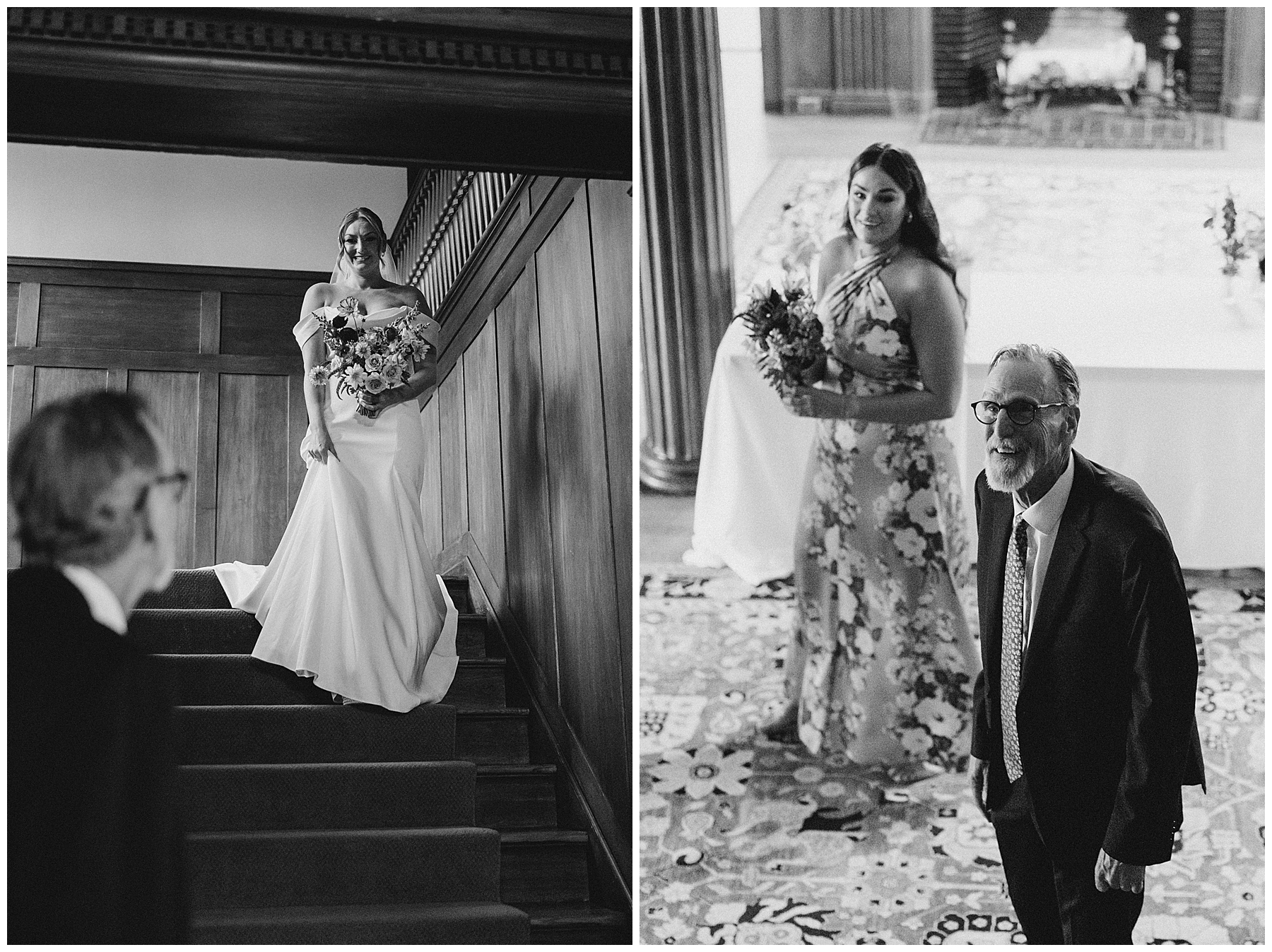 father waits for daughter at the bottom of stairs for wedding ceremony