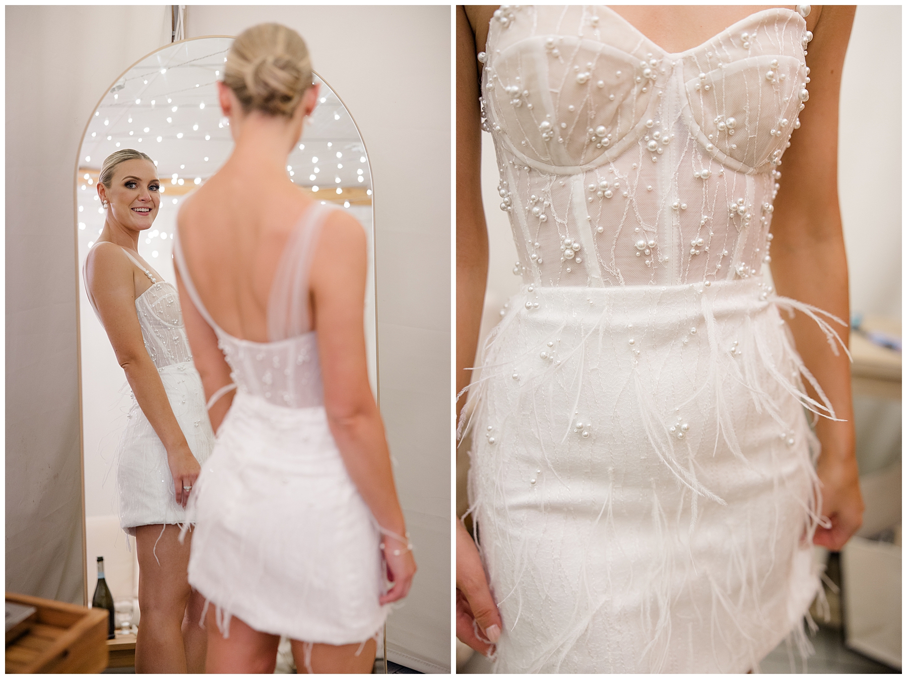 bride changes into a fun wedding mini dress for reception