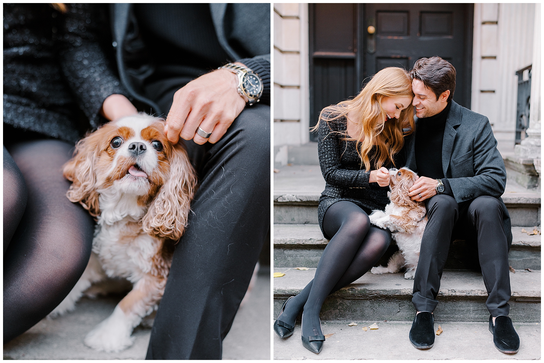 candid engagement portraits with dog 