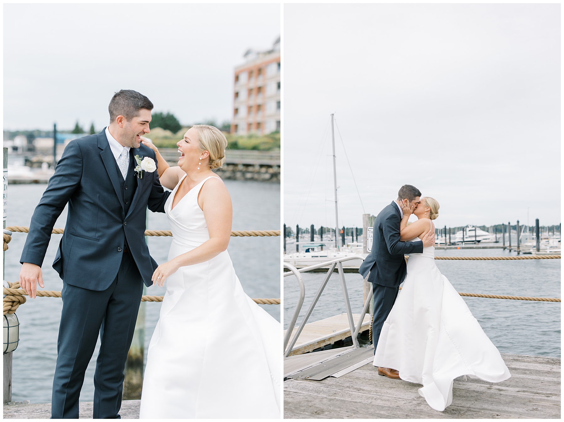 bride and groom share private moment during first look before Waterfront Wedding at Bristol Harbor Inn