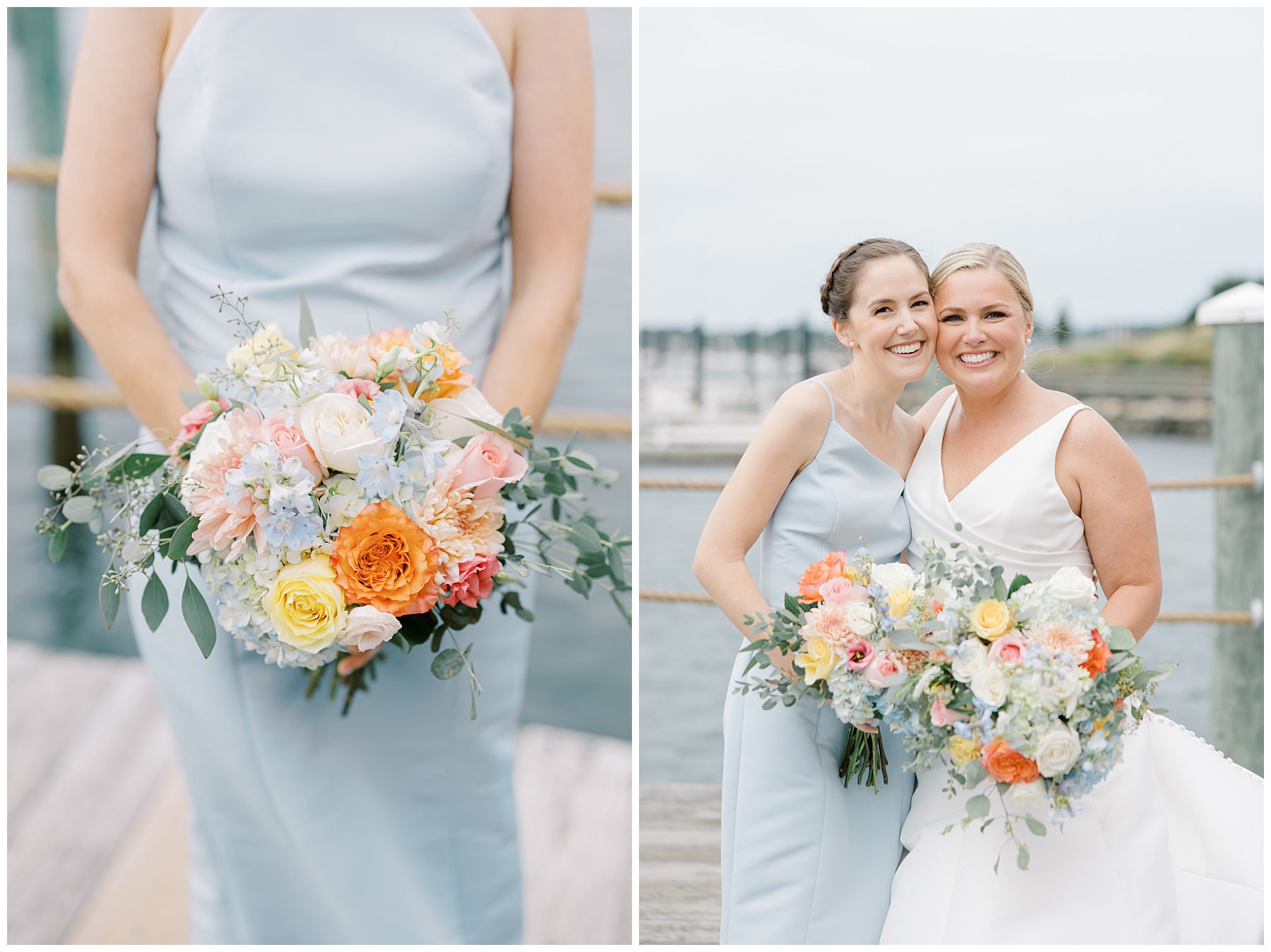 bride and bridesmaids hold vibrant wedding bouquets
