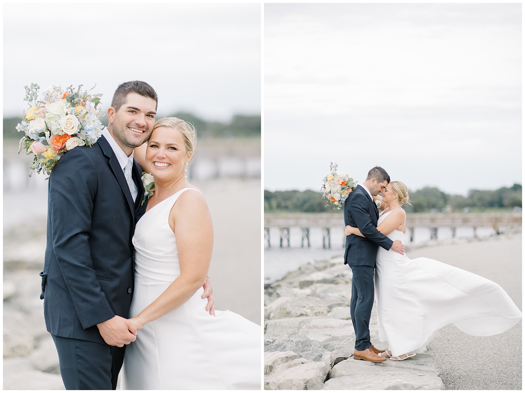 bride and groom portraits by the water of Narragansett Bay