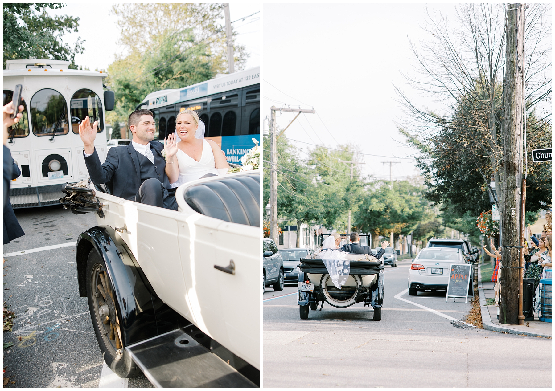 newlyweds leave church in vintage car