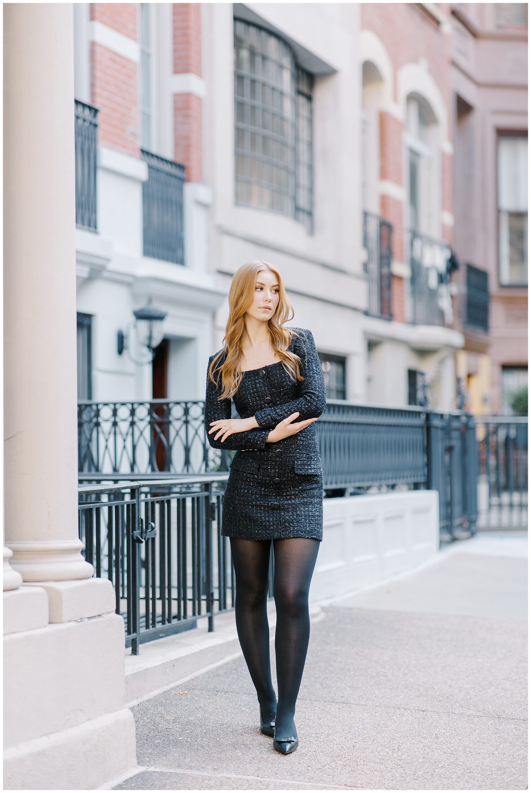 woman in black tweed dress in Upper East Side NY