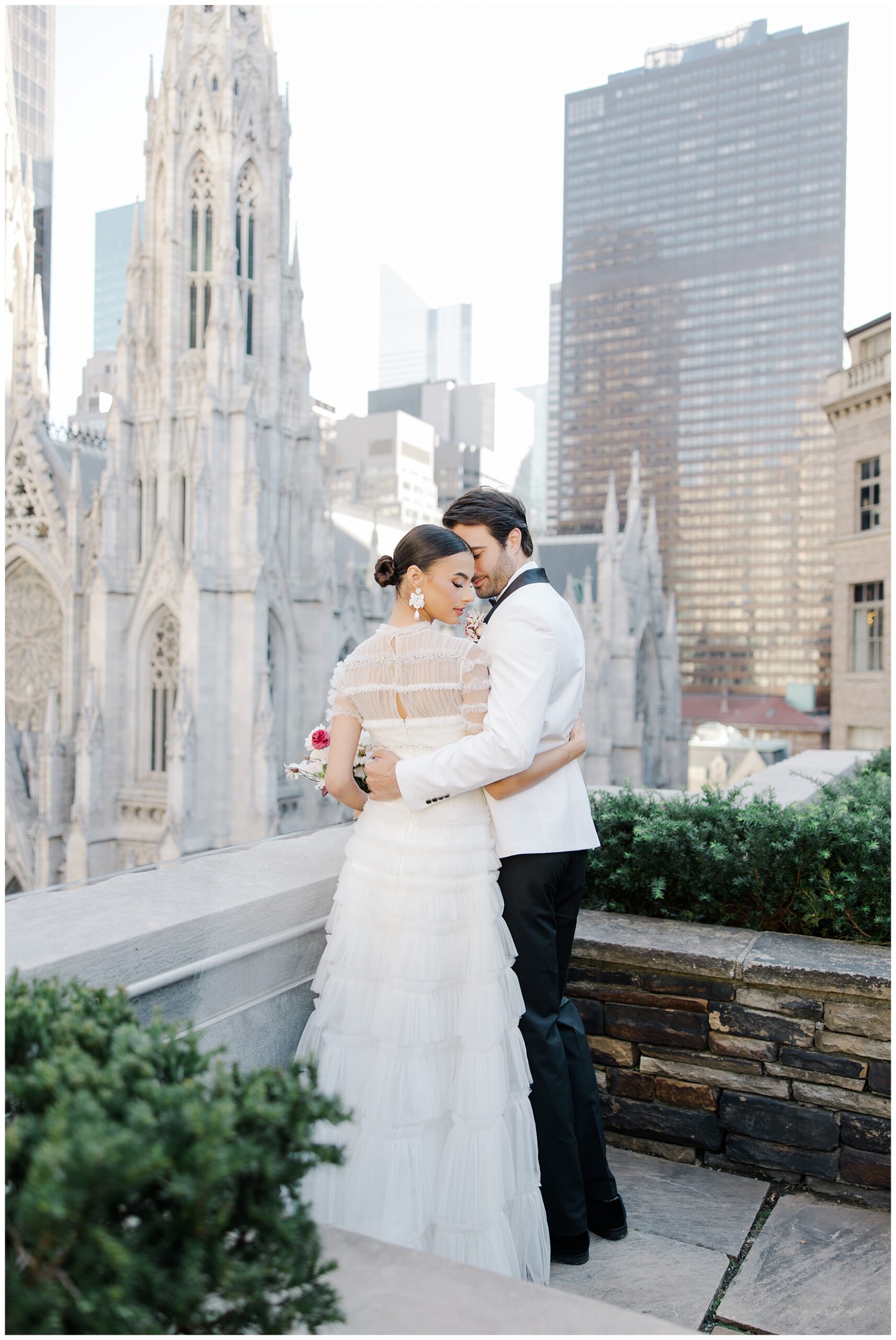 Newlywed portraits on rooftop in NYC