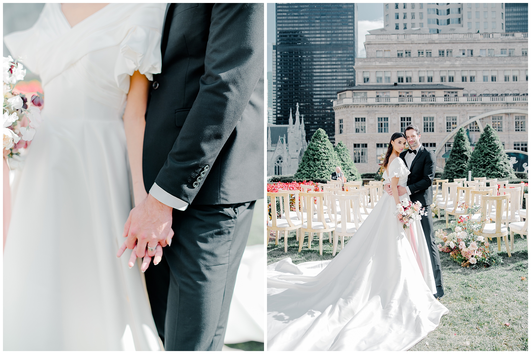 bride and groom hold hands during wedding portraits 