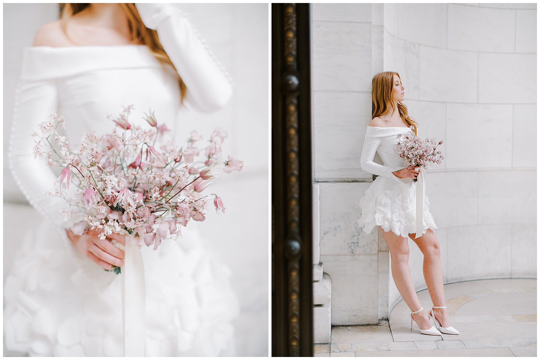 bridal portraits holding pink whimsical bridal bouquet