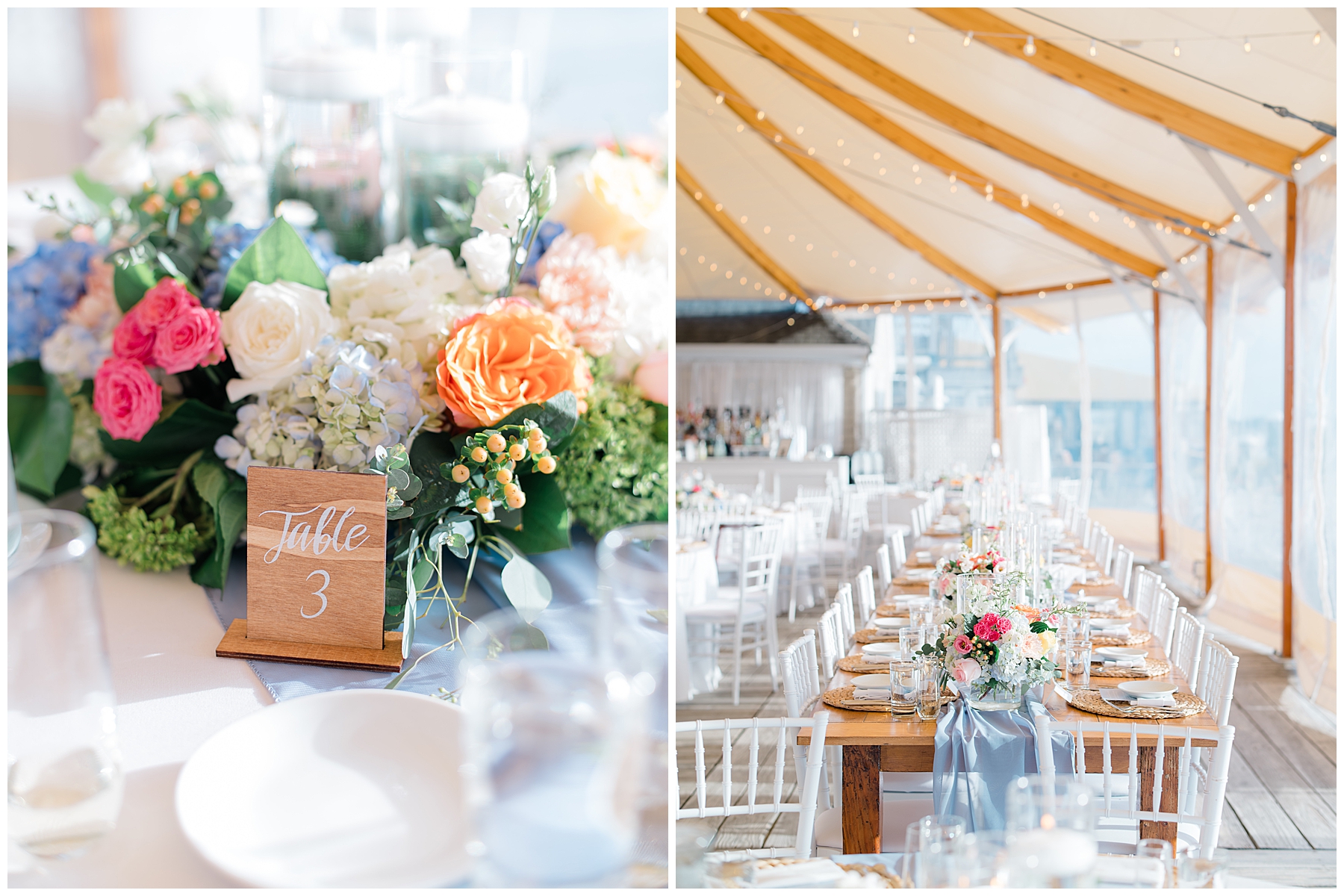 lush floral bouquets and table setting at waterfront wedding 