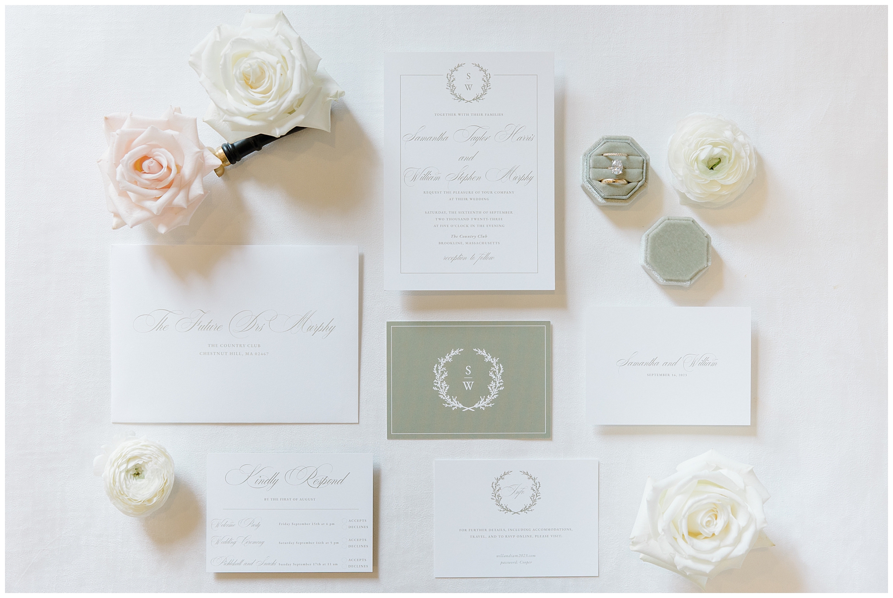 wedding invitation and flatlay inspiration from romantic floral centered wedding at The Country Club in Brookline, MA