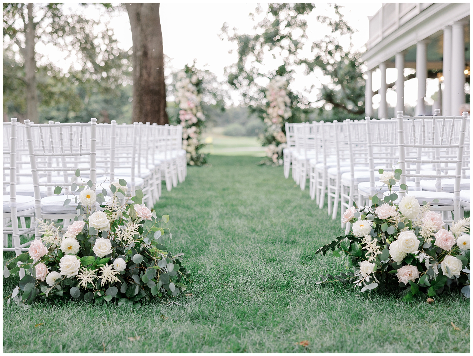 outdoor wedding ceremony from romantic floral centered wedding at The Country Club in Brookline, MA