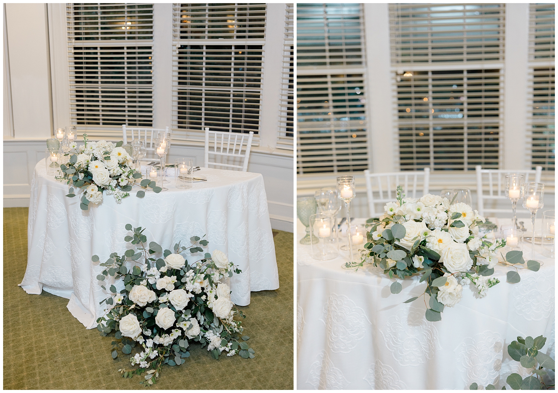 classic white wedding florals decorate reception space