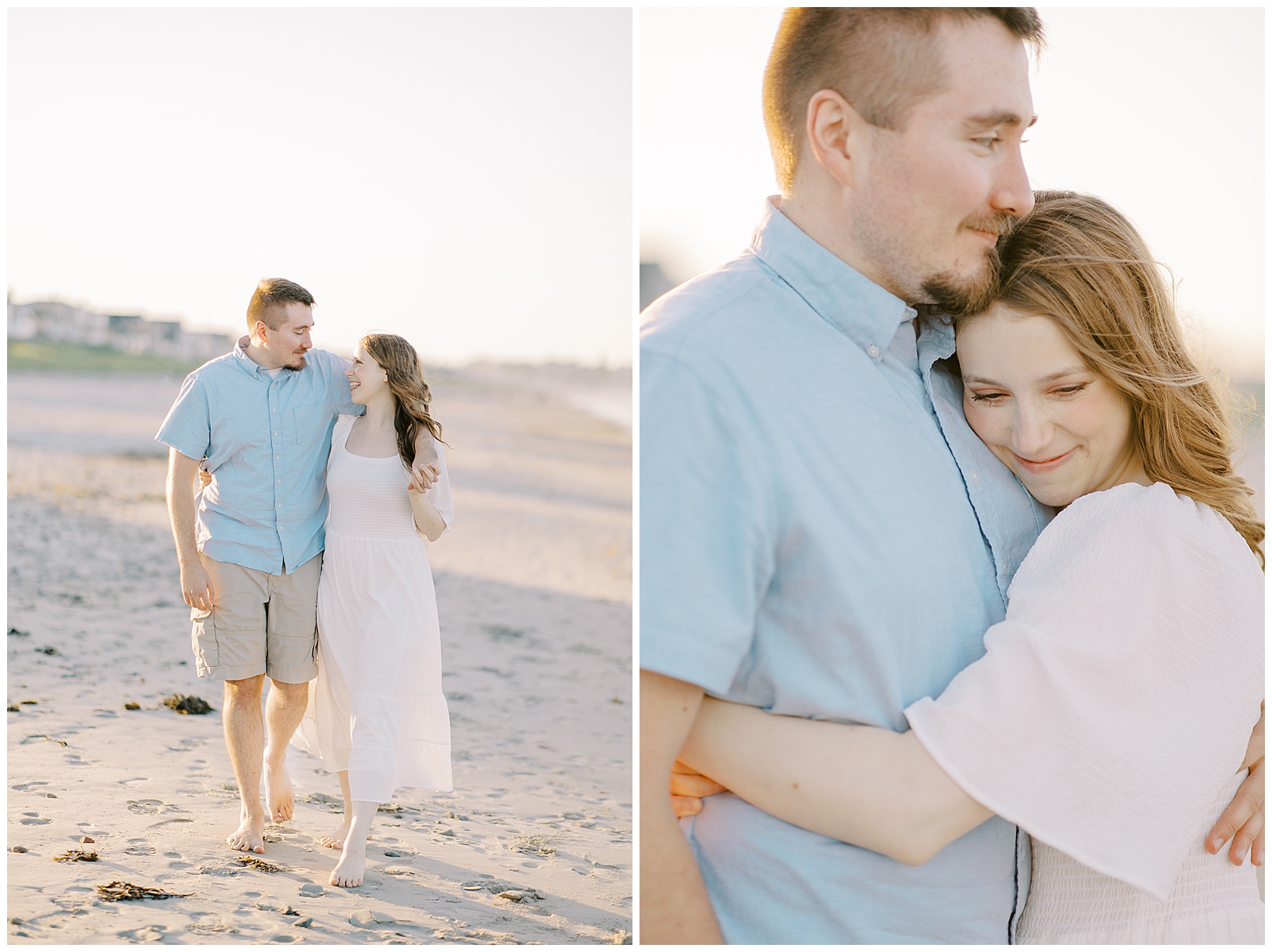 couple hug as they walk the beach together during engagement session 