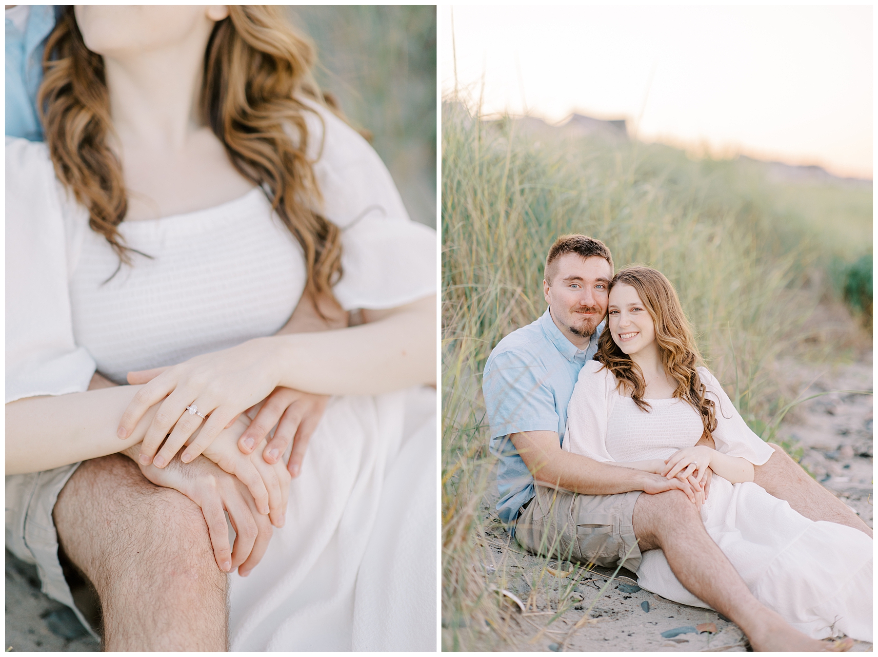 engaged couple sit in the tall grass at Nantasket Beach 