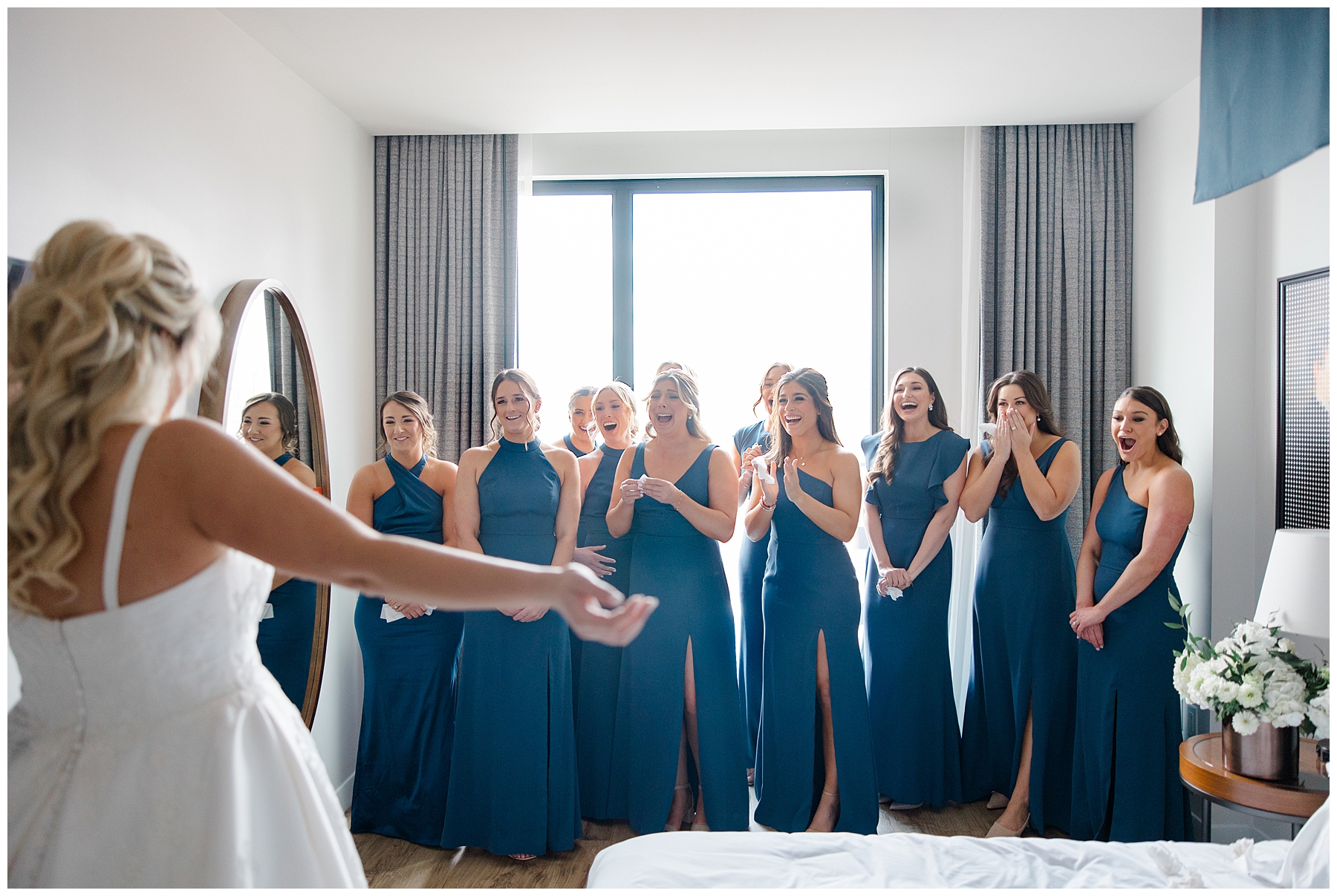 bride's first look with bridesmaids 
