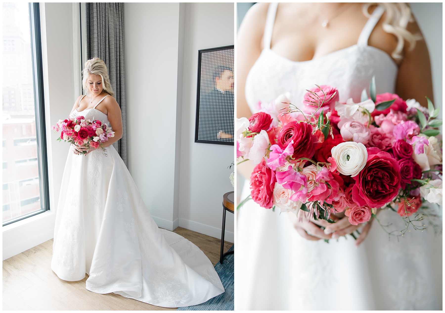 bridal portraits with bold pink bridal bouquet