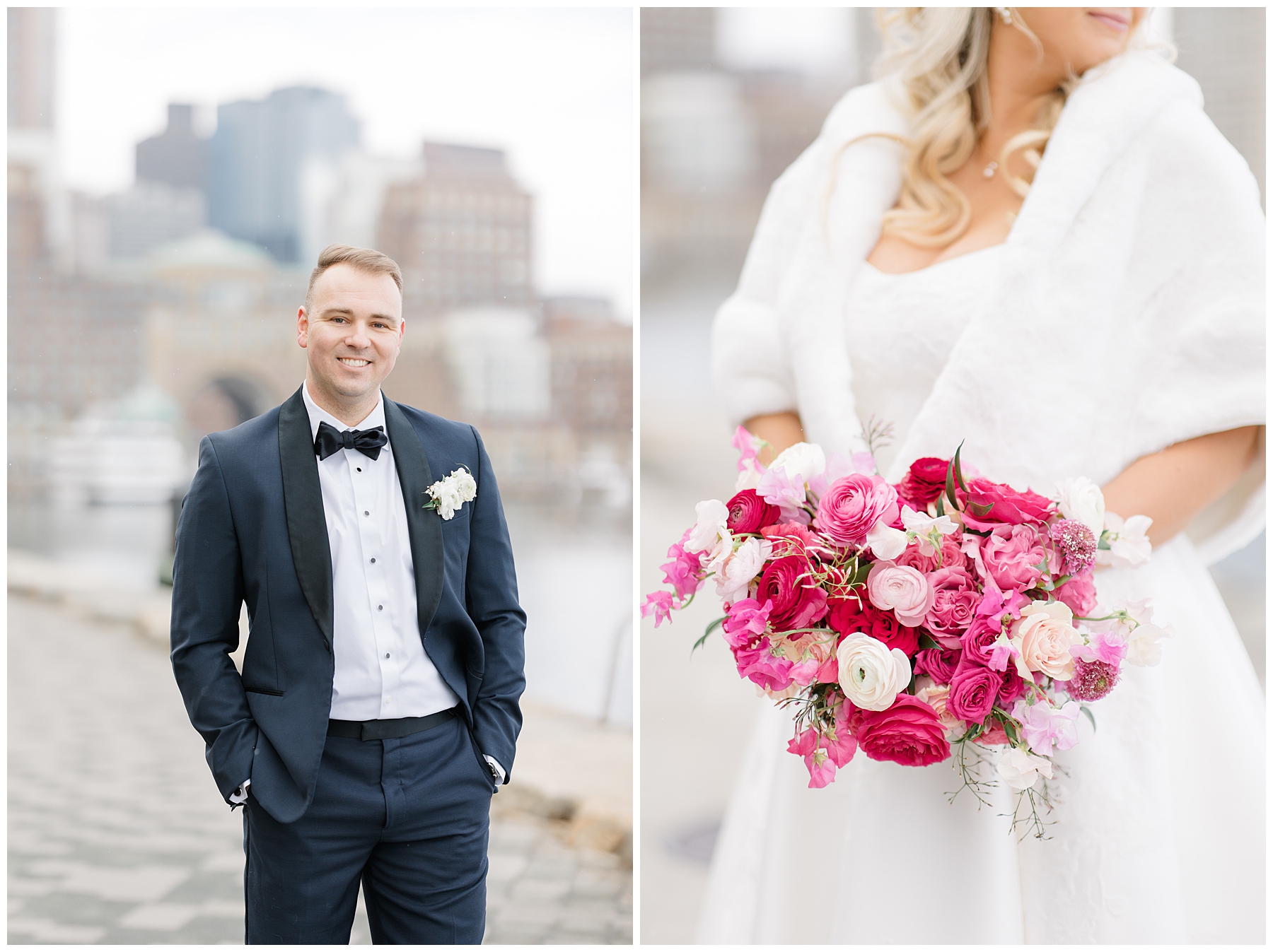 groom portraits and bridal bouquet