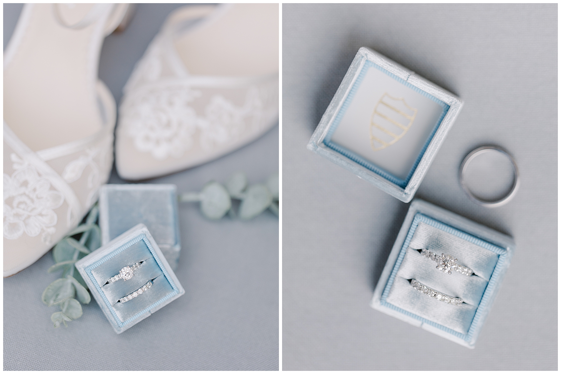 wedding rings in ring box and bridal shoes