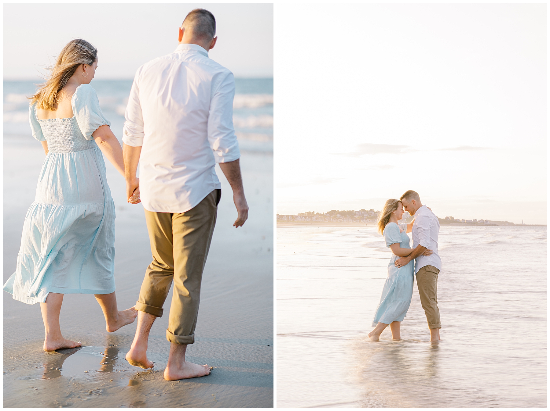 couple walk along the ocean during engagement photoshoot