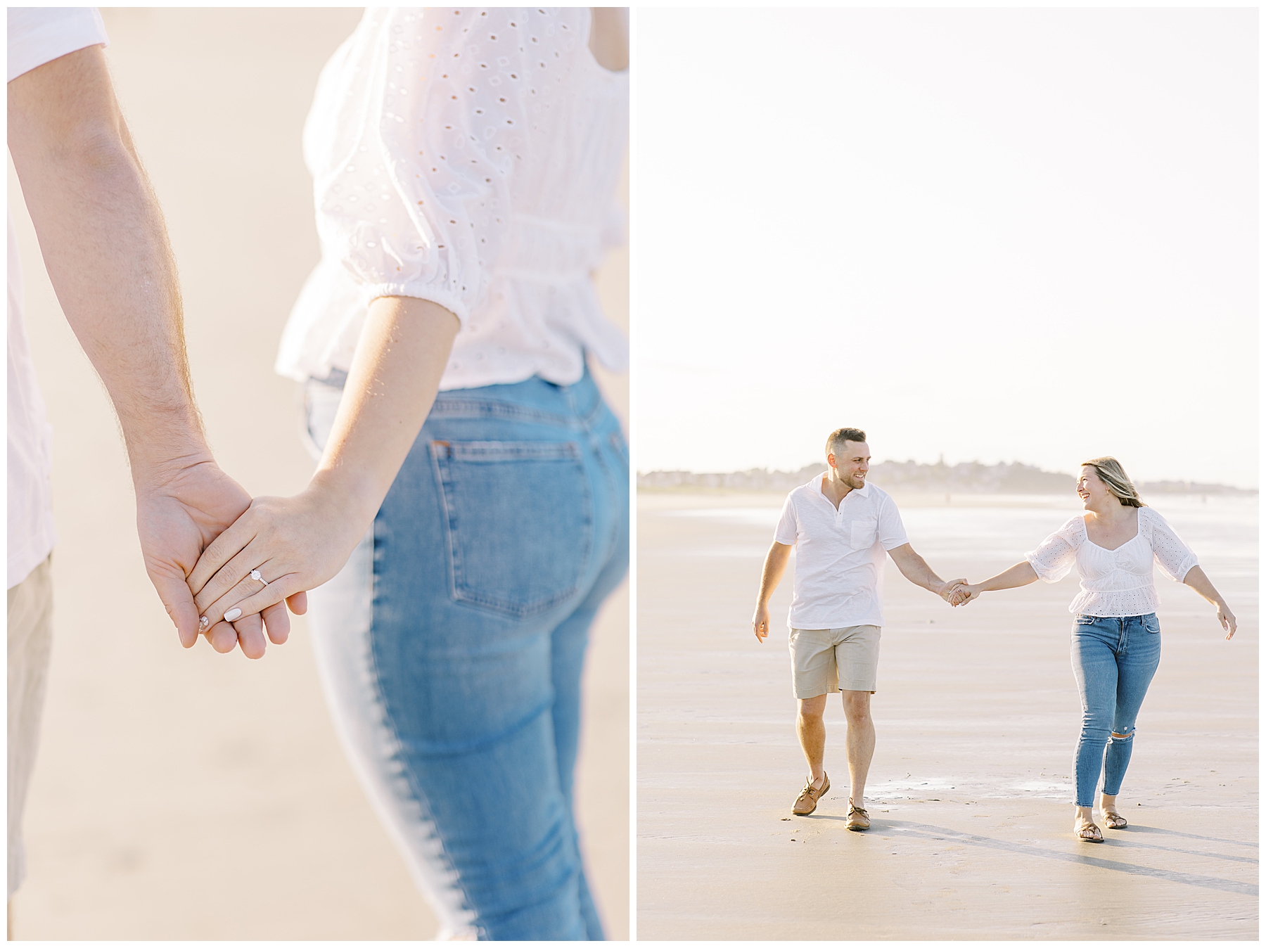 engaged couple holding hands on beach 