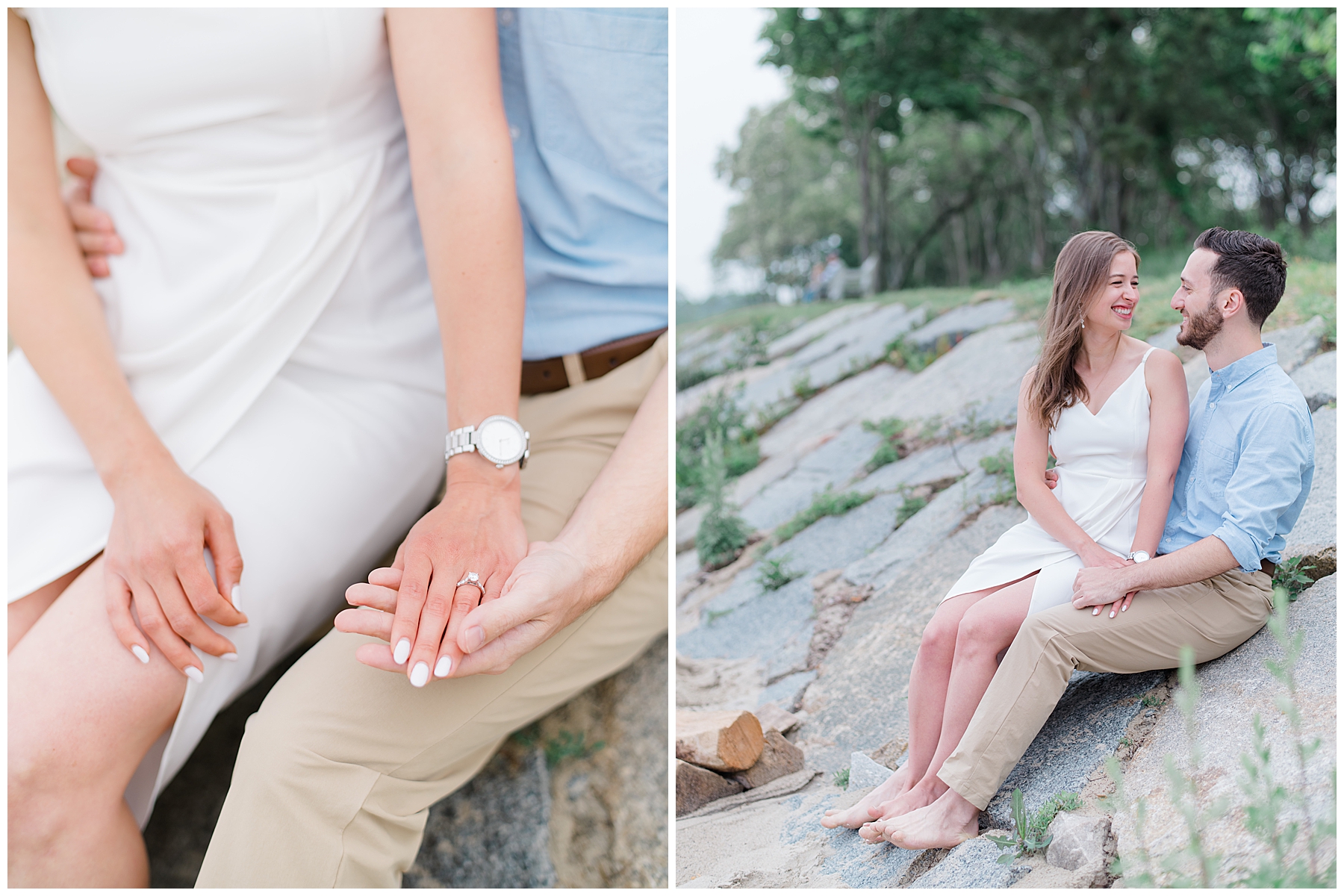 engaged couple sit on rocks at North Shore Beach  