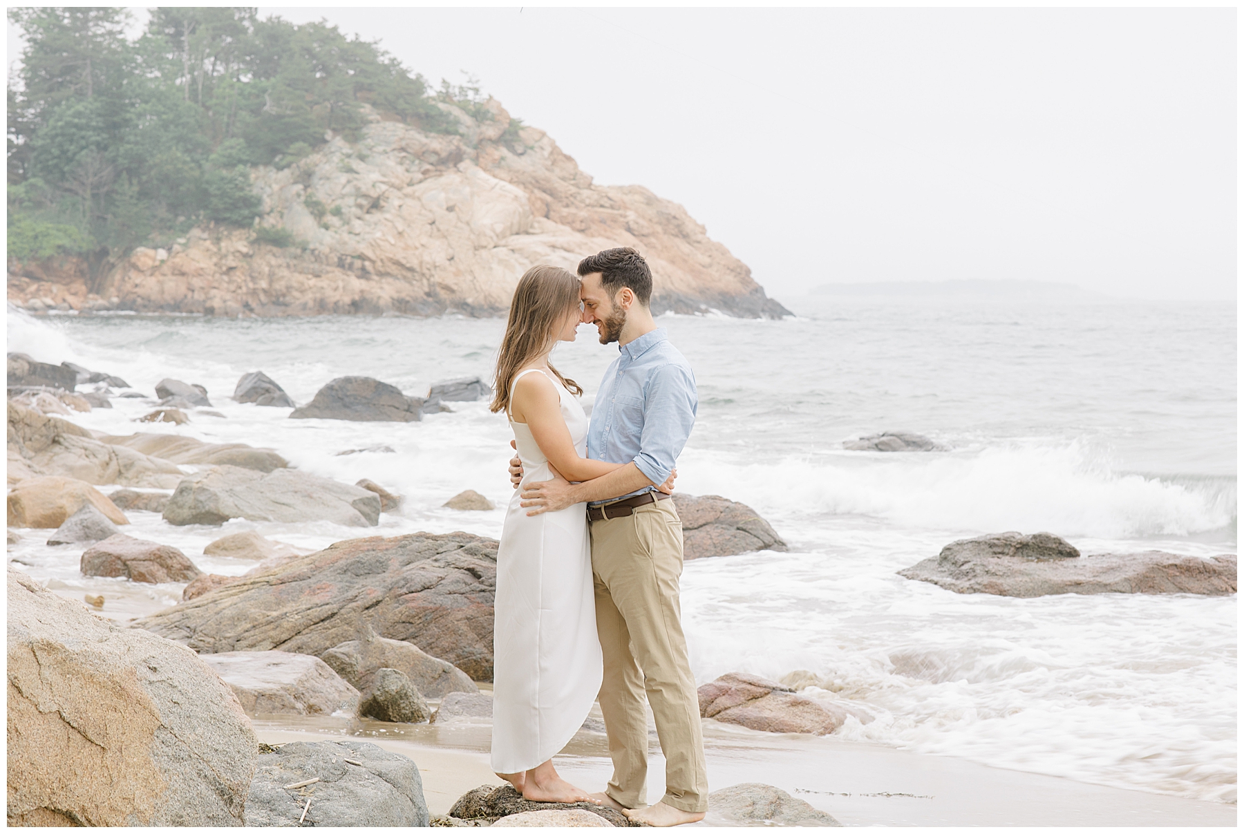 engagement portraits on rocky beach in Boston