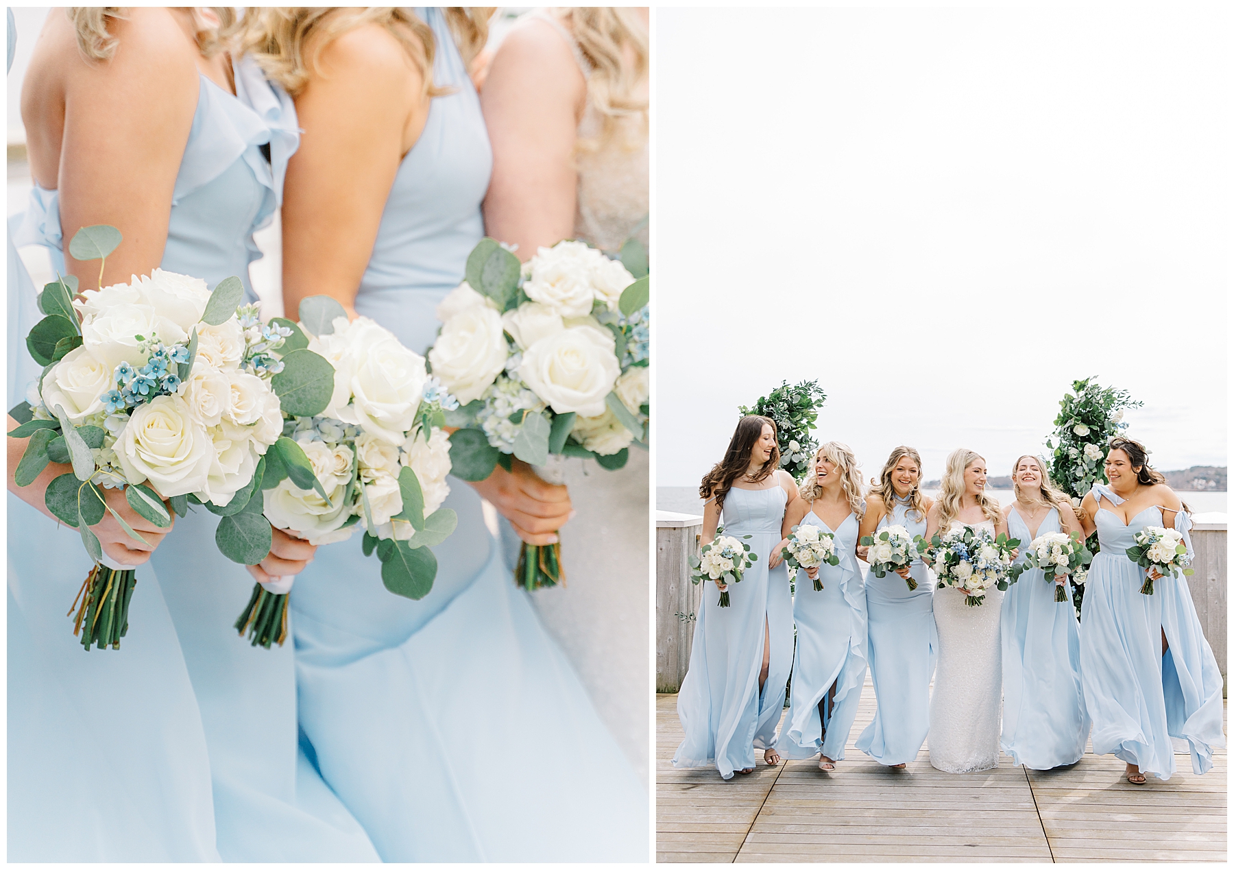 bride and bridesmaids in light blue dresses 