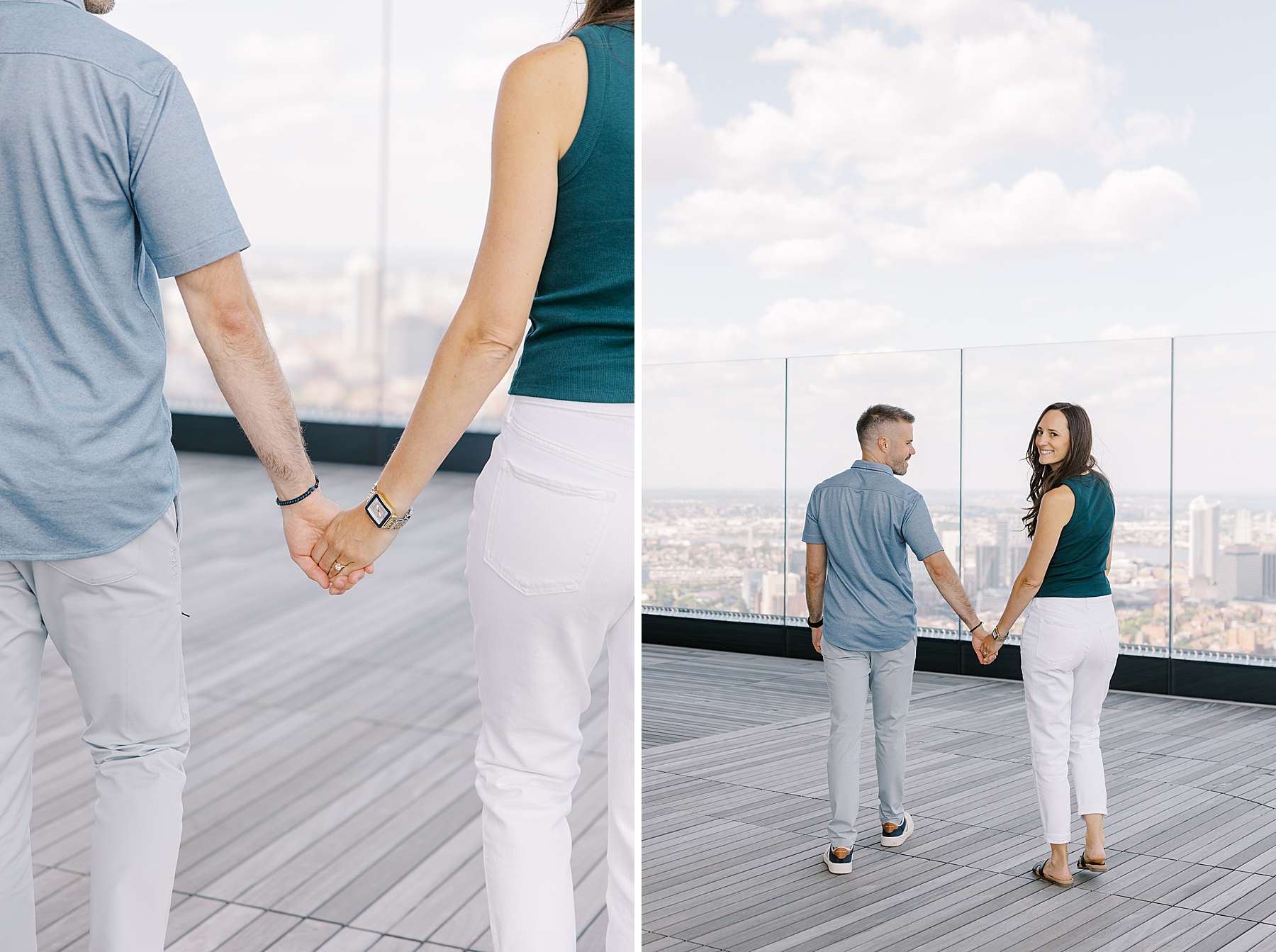 newly engaged couple hold hands on Boston rooftop after proposal