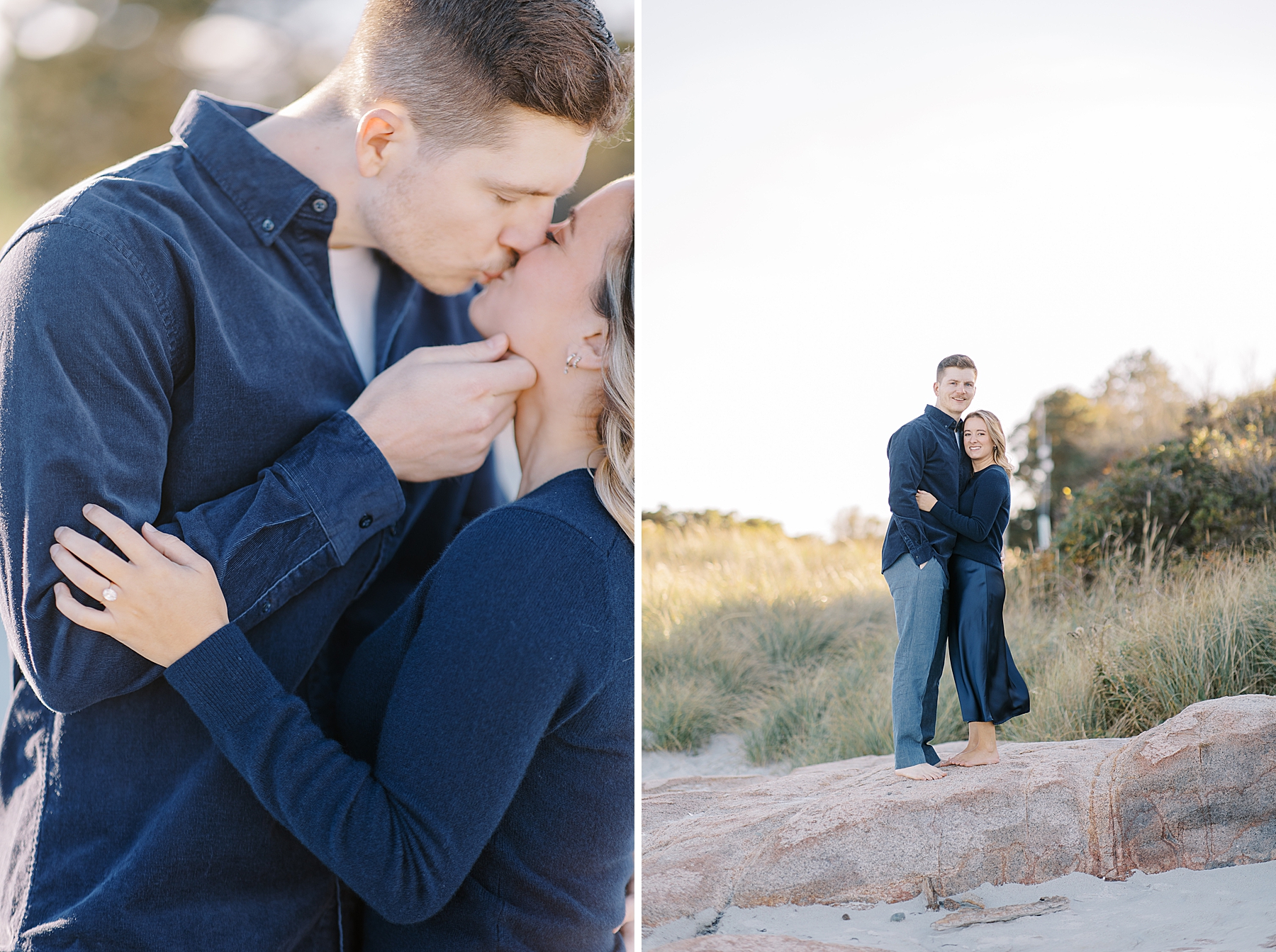 newly engaged couple kiss on rocks at the beach 