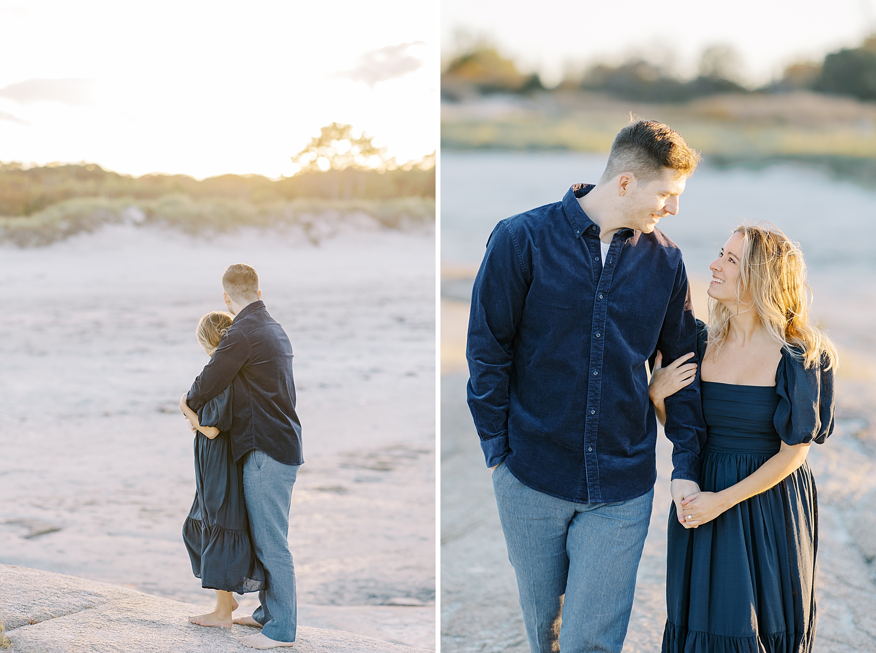 couple walk together on the beach during engagement