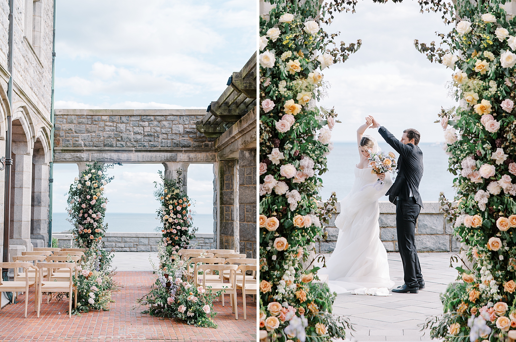 bride and groom twirl under floral arch