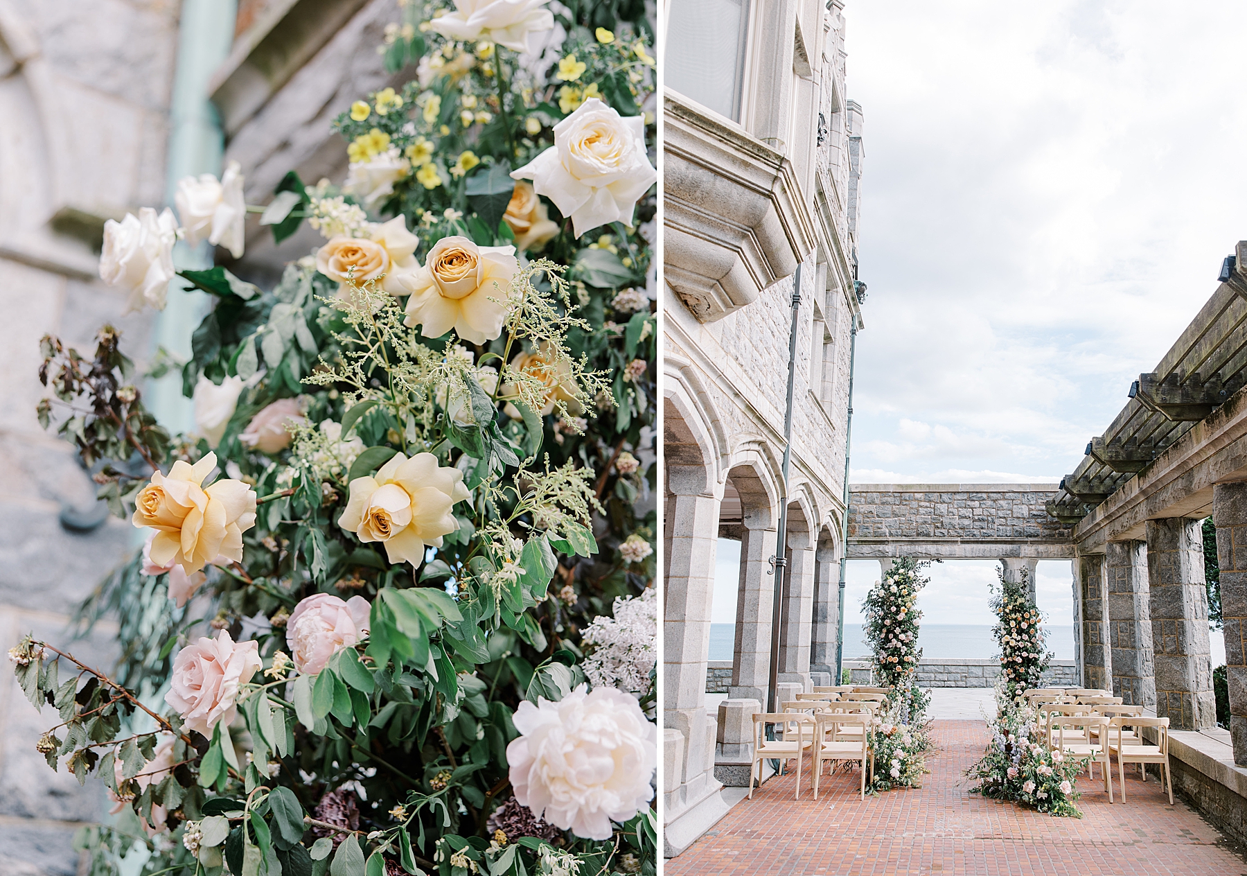 soft florals decorate wedding ceremony at Branford House in Connecticut