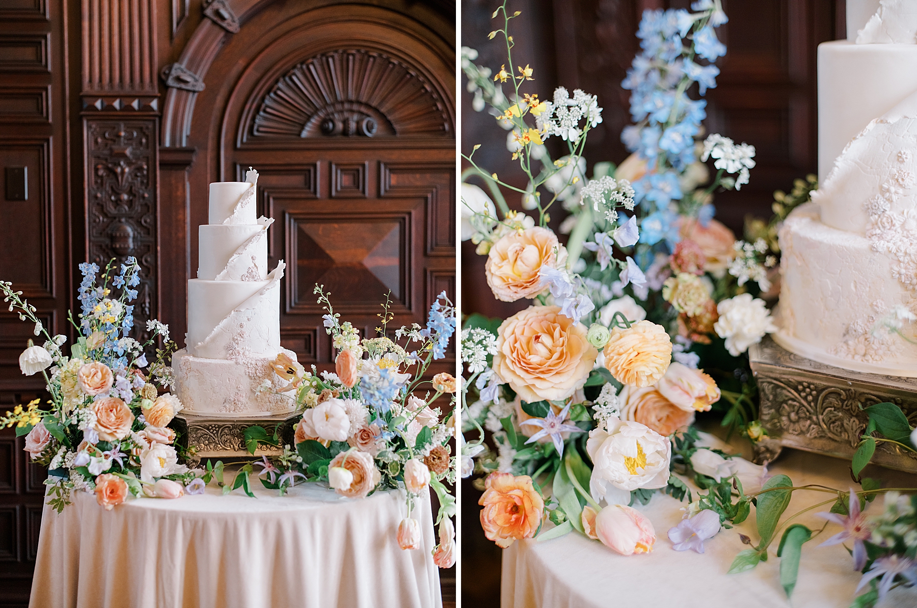 whimsical wedding flowers surrounding wedding cake