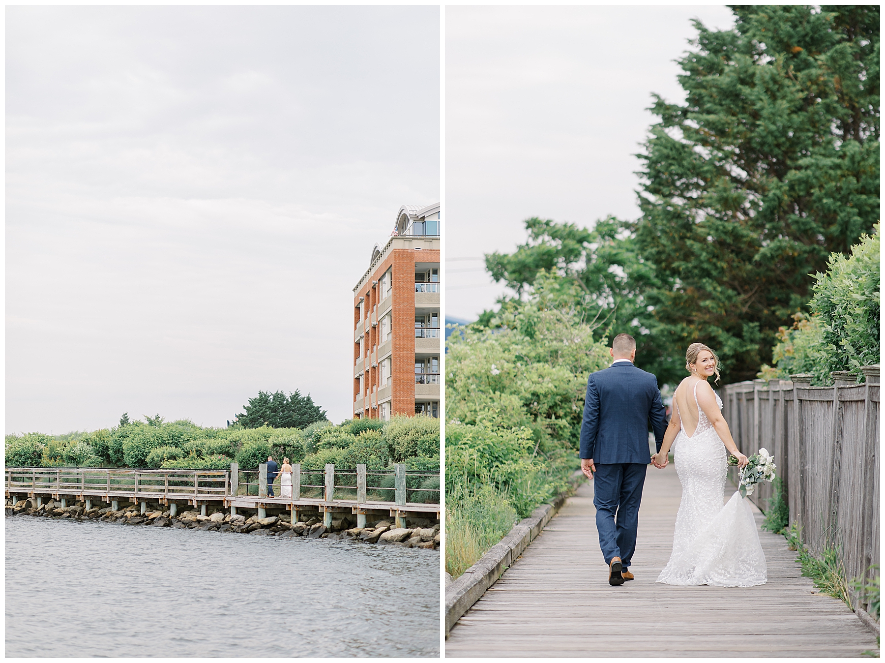 couple walk together along the dock by the water