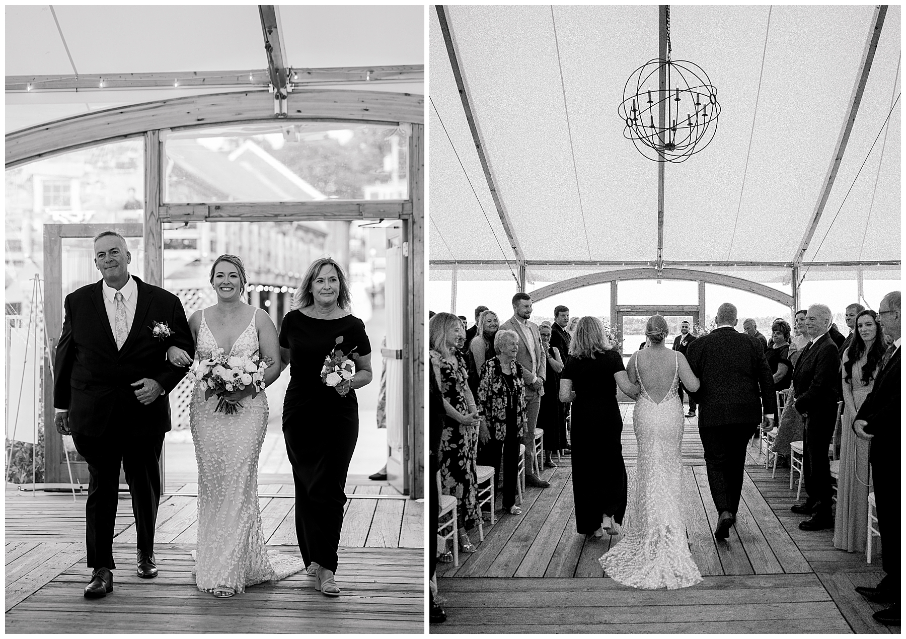 bride walks down the aisle with her parents 