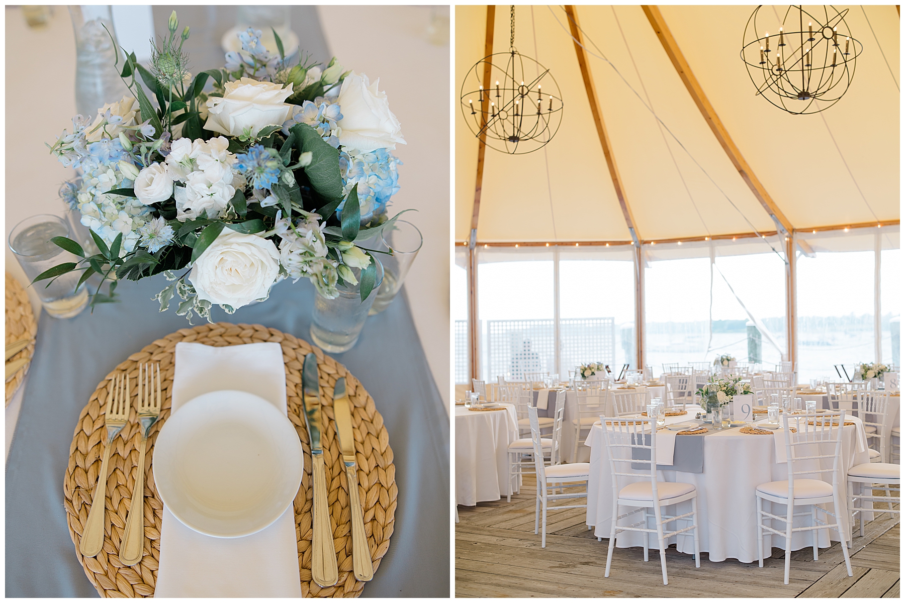 elegant and coastal inspired wedding details at tented wedding reception 