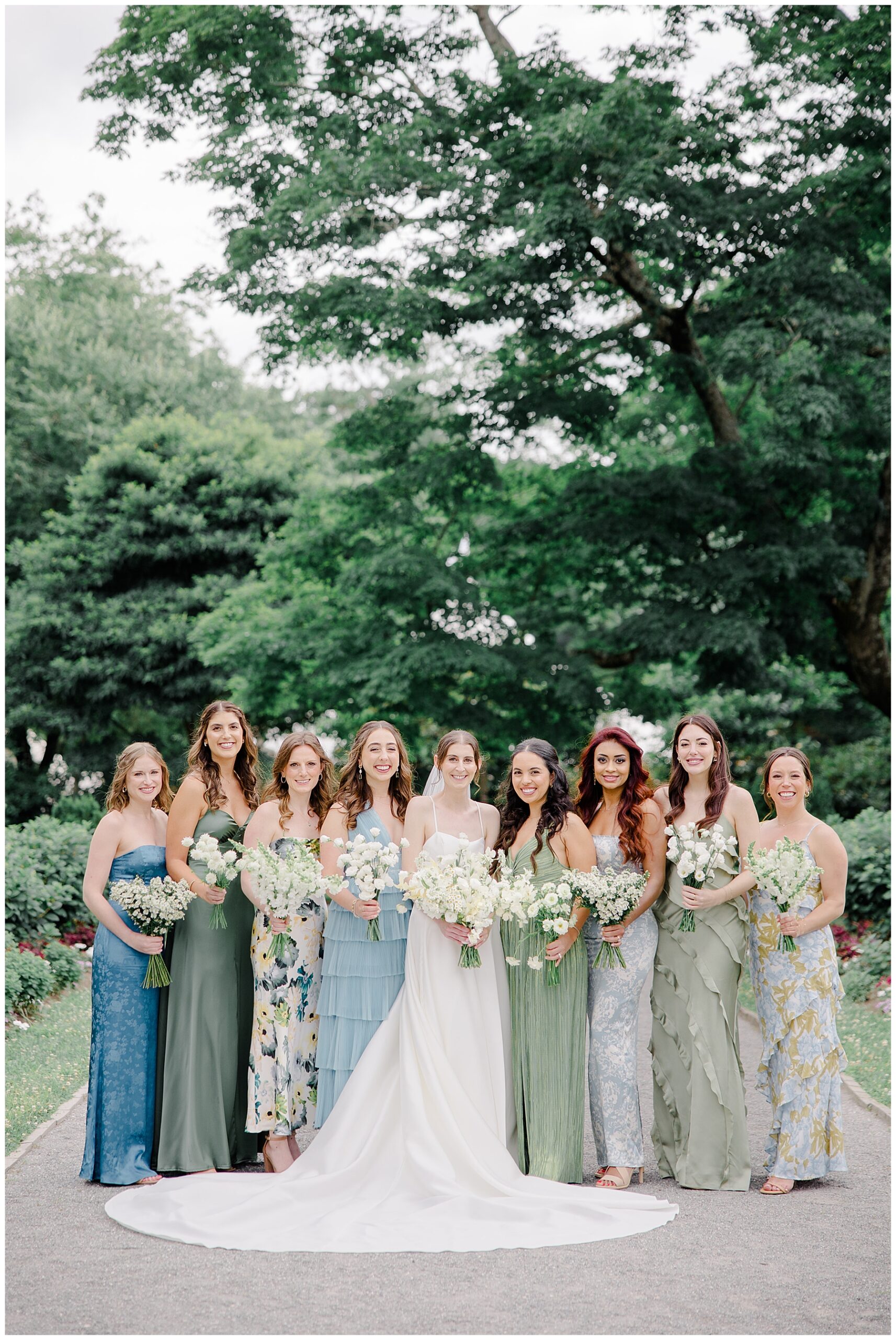 bridesmaids in garden-inspired dresses