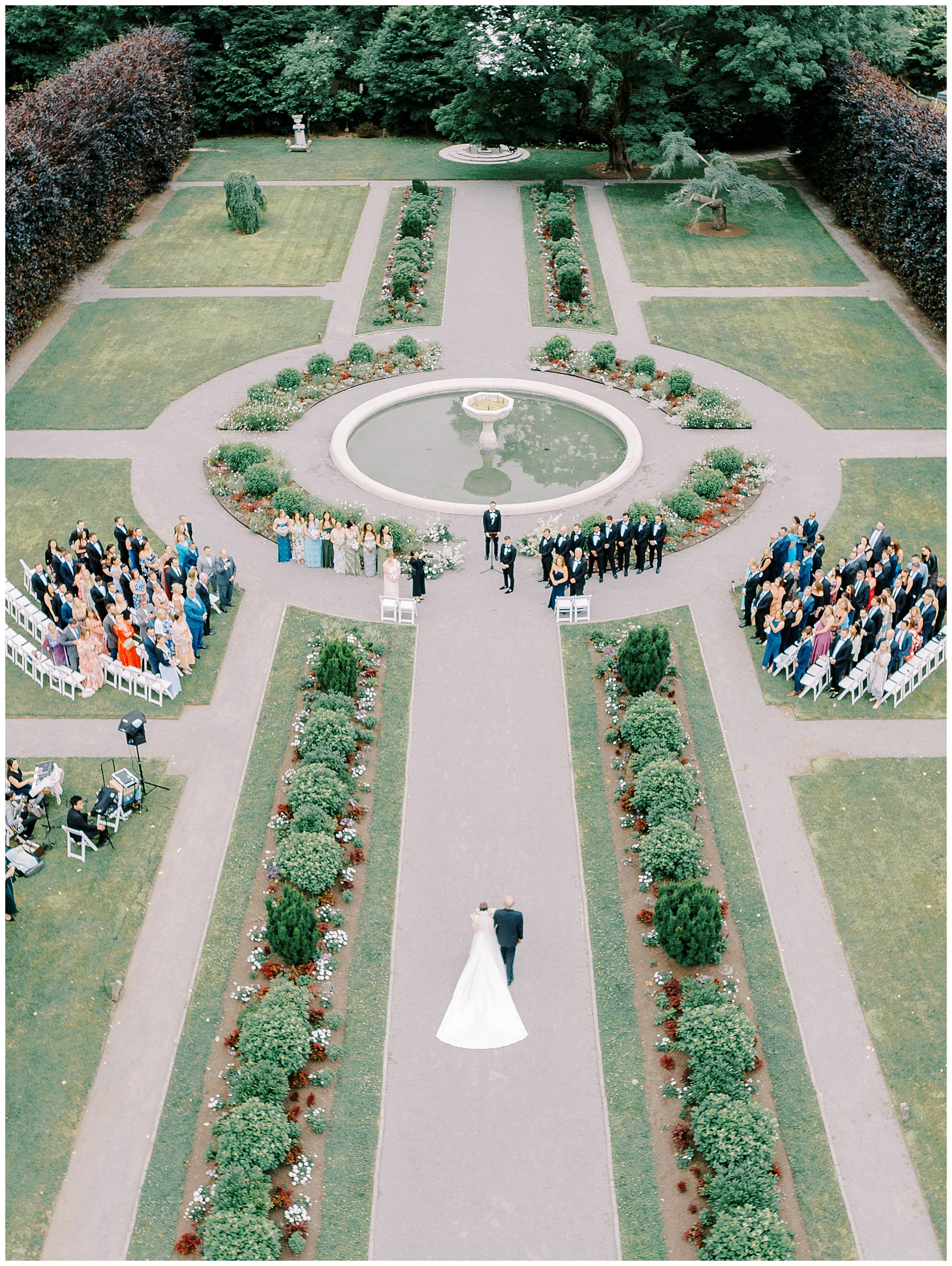 aerial photo of wedding ceremony at The Gardens at Elm Bank  