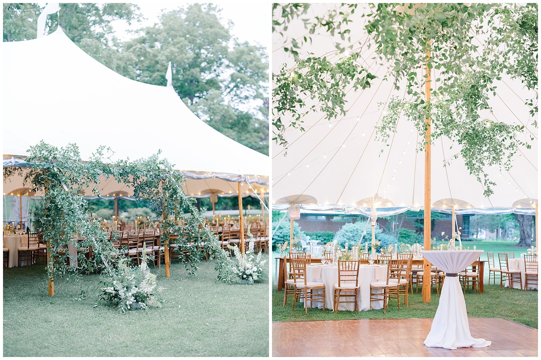 tented wedding reception with greenery details