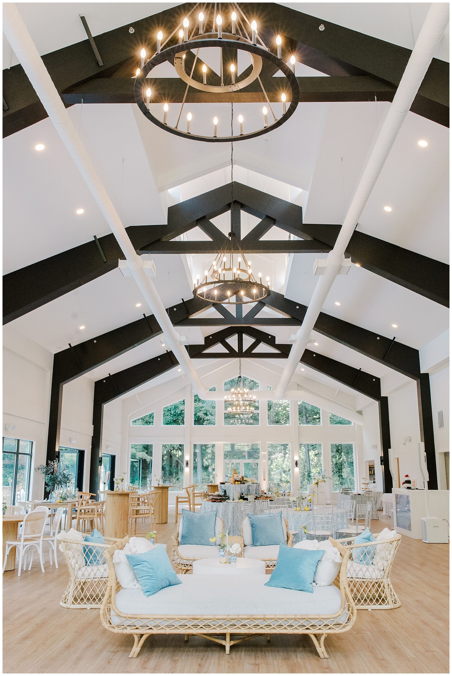 light fixtures and seating inside wedding venue