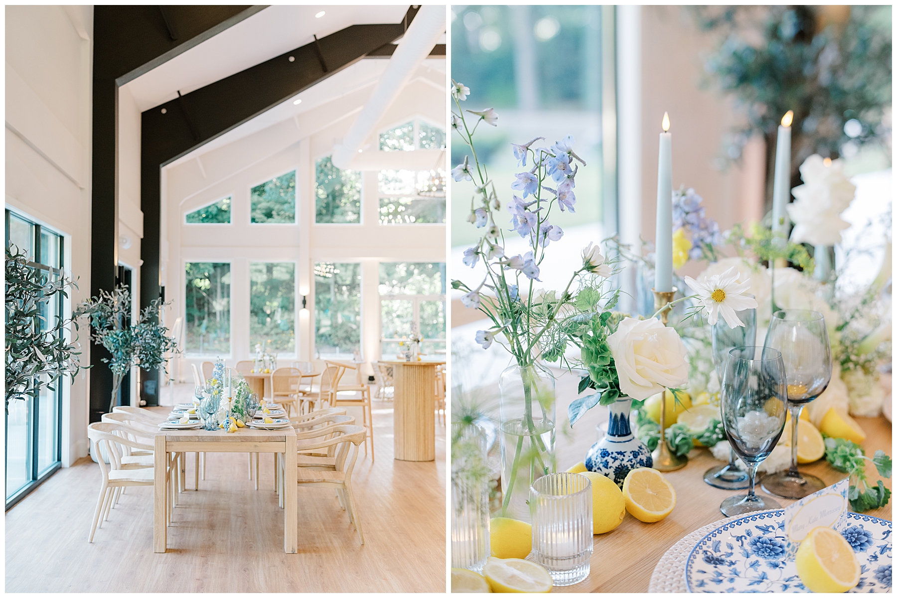 blue glassware, fresh lemons, and fresh flowers decorate table at wedding venue 