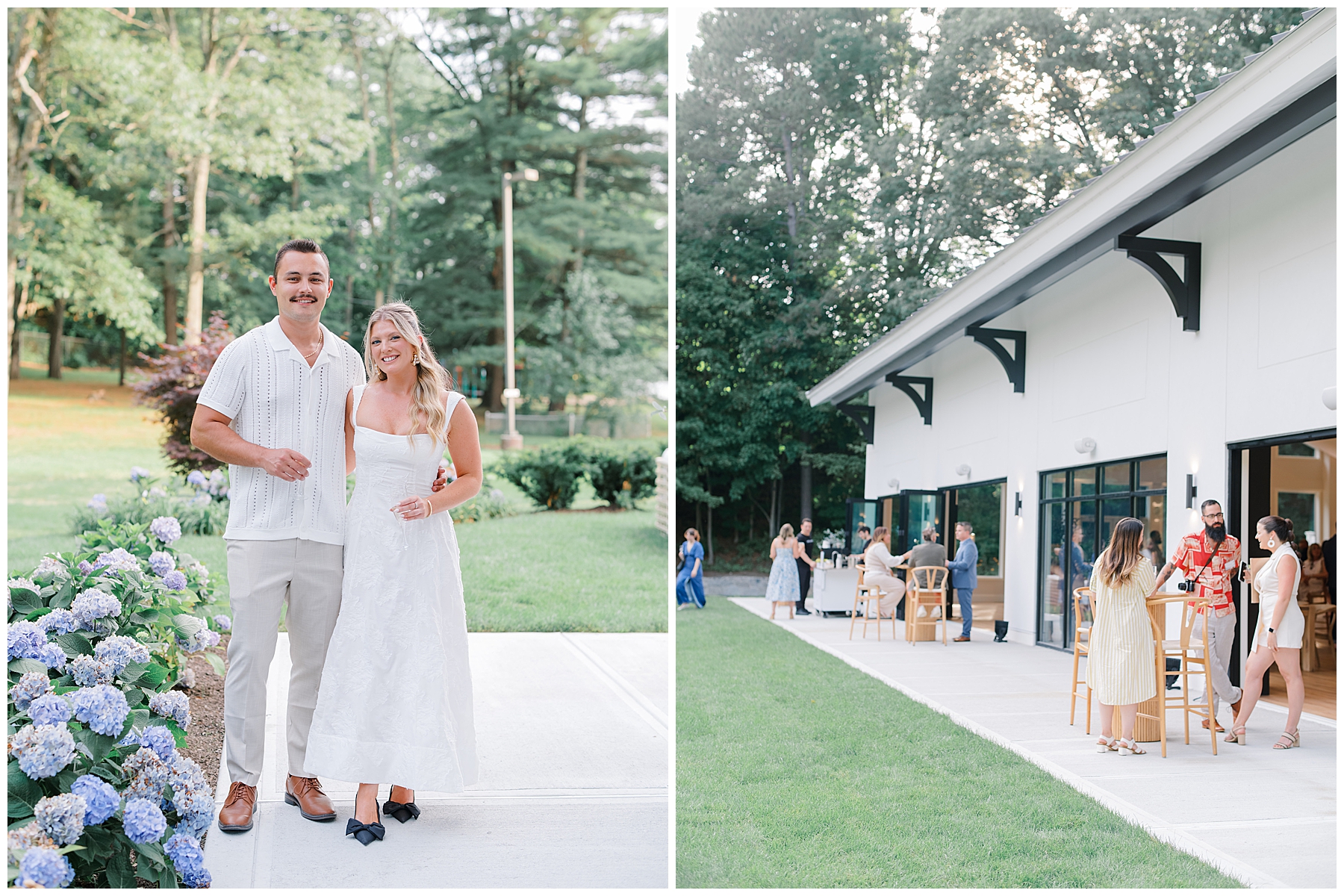 guets mingle outside of new wedding venue