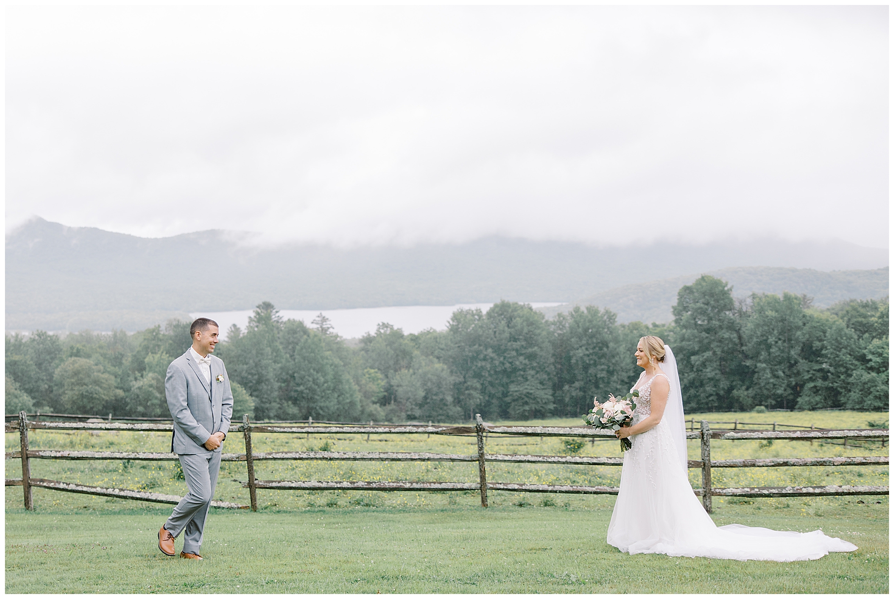 candid first look from Romantic Vermont Wedding at Mountain Top Resort 