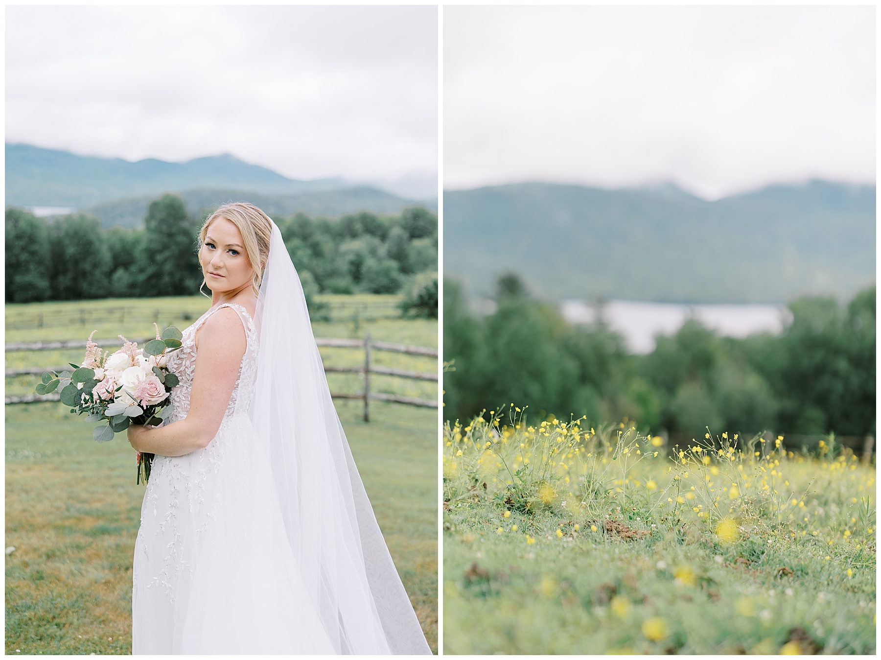 bride by field of yellow flowers