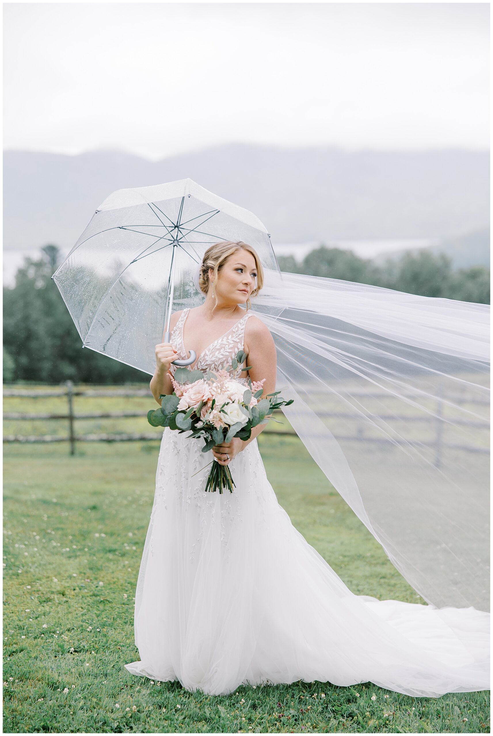 classic bridal portraits in the rain with clear umbrella 