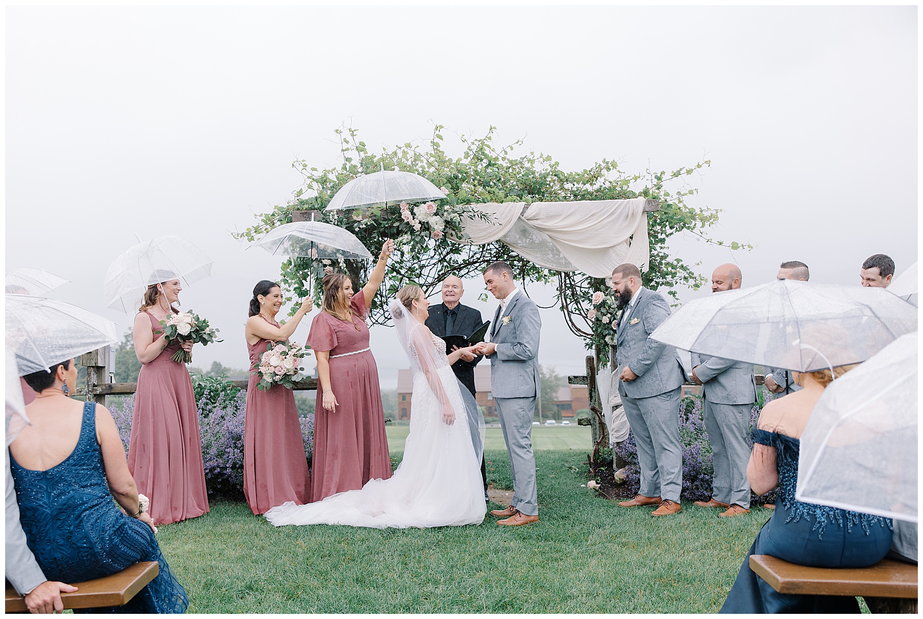 Romantic Vermont Wedding ceremony in the rain at Mountain Top Resort 