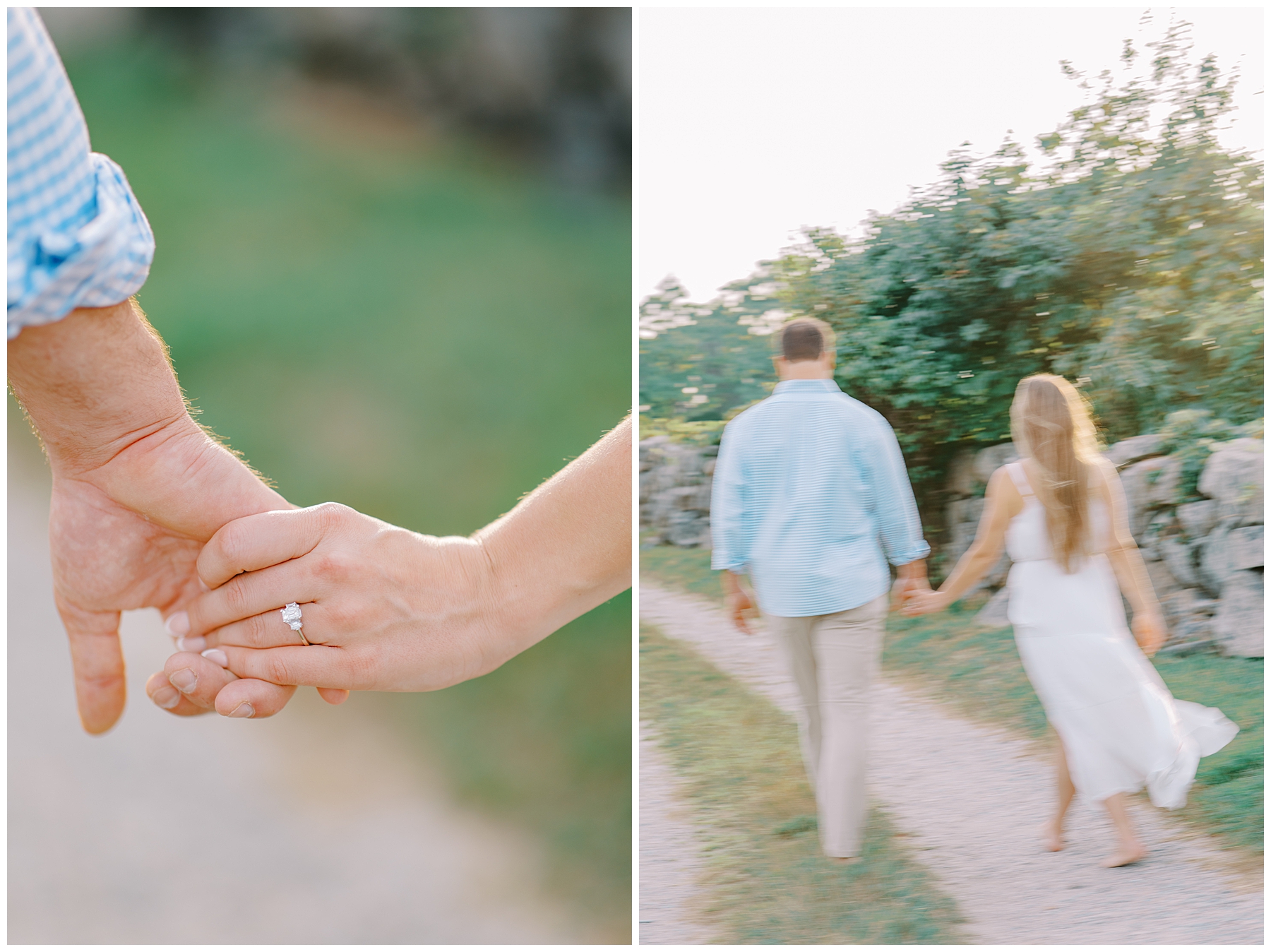 engaged couple hold hands as they walk together
