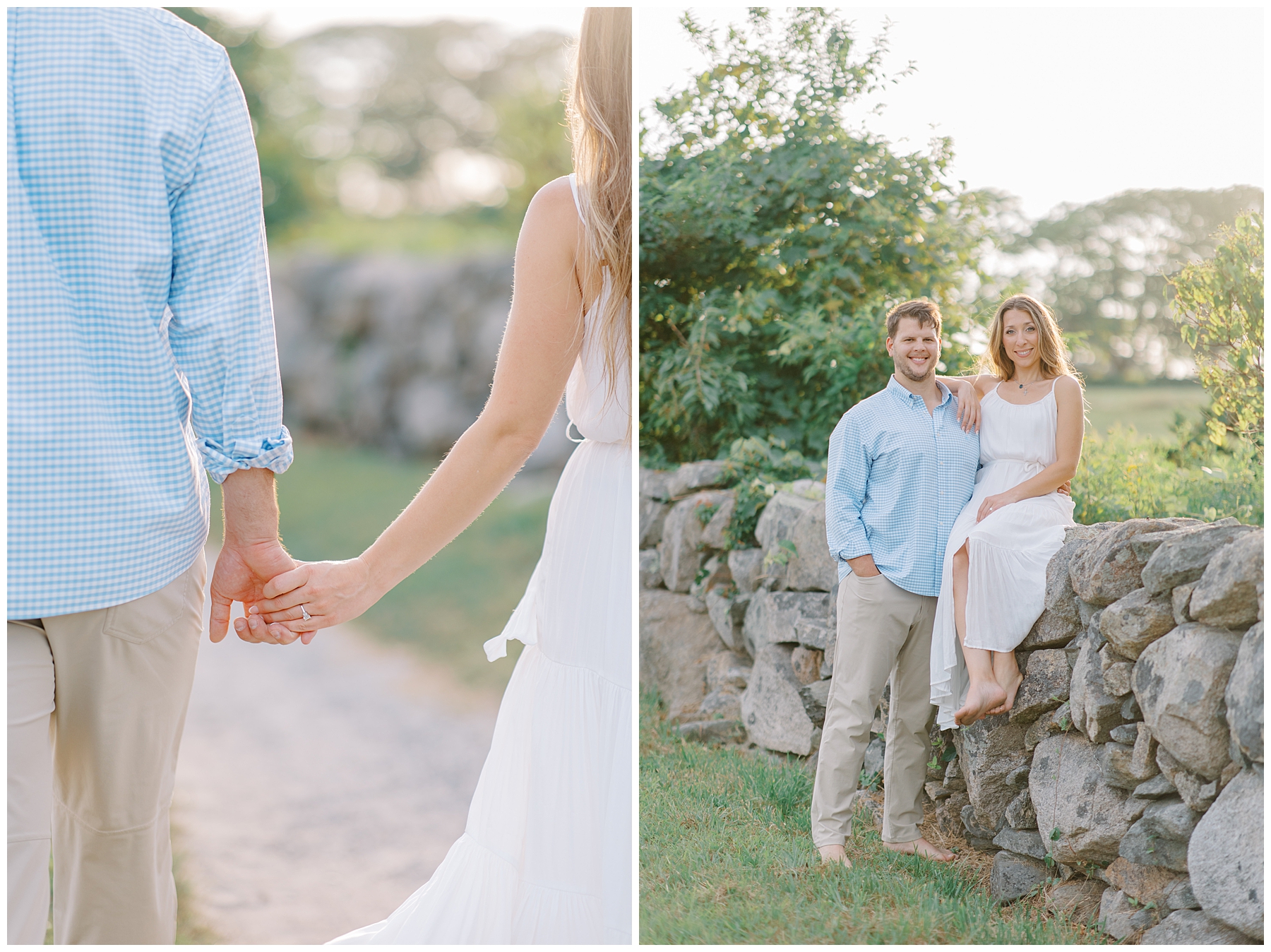 couple sit together on stone wall