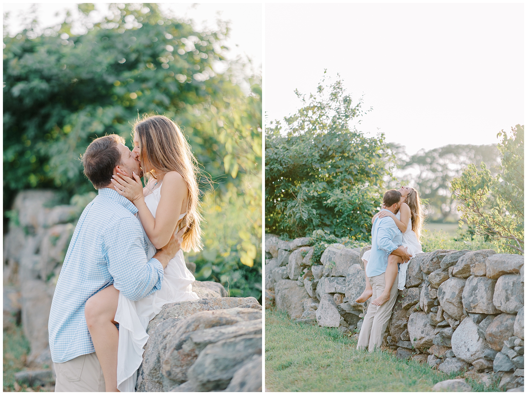 couple kiss as woman sits on rock wall